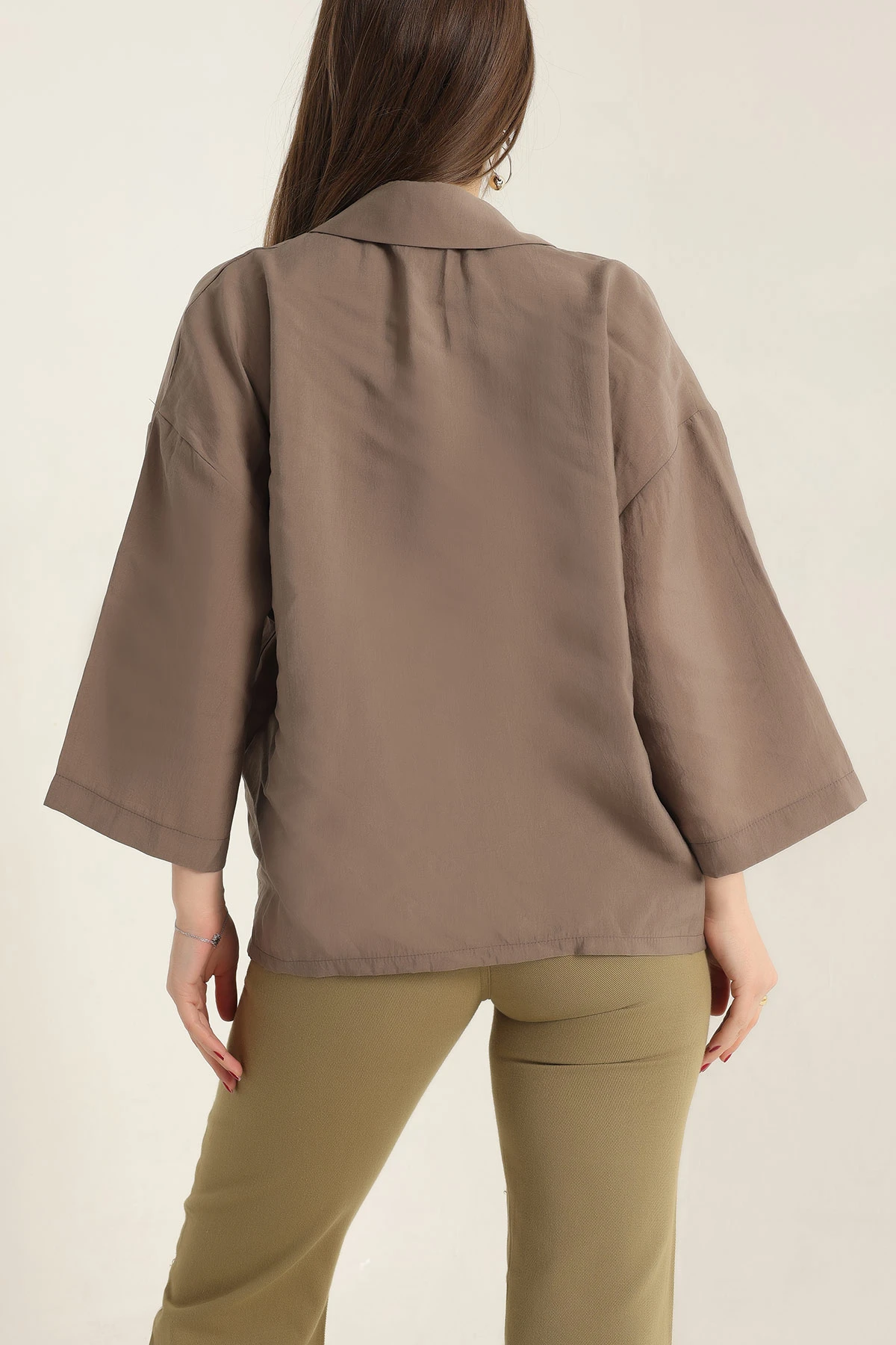 Açık Kahve Kısa Kol Tencel Oversize Bayan Gömlek 337584