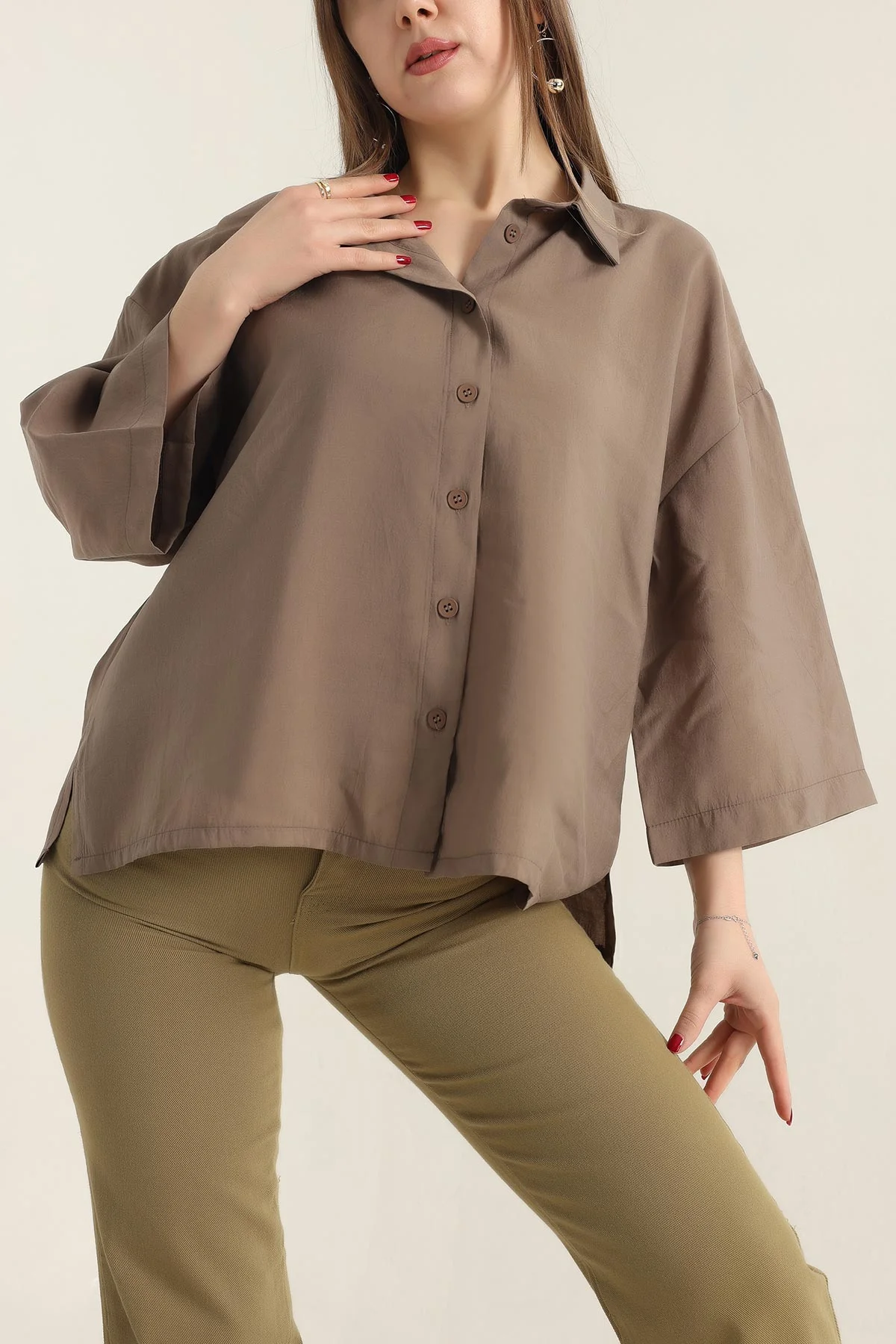 Açık Kahve Kısa Kol Tencel Oversize Bayan Gömlek 337584