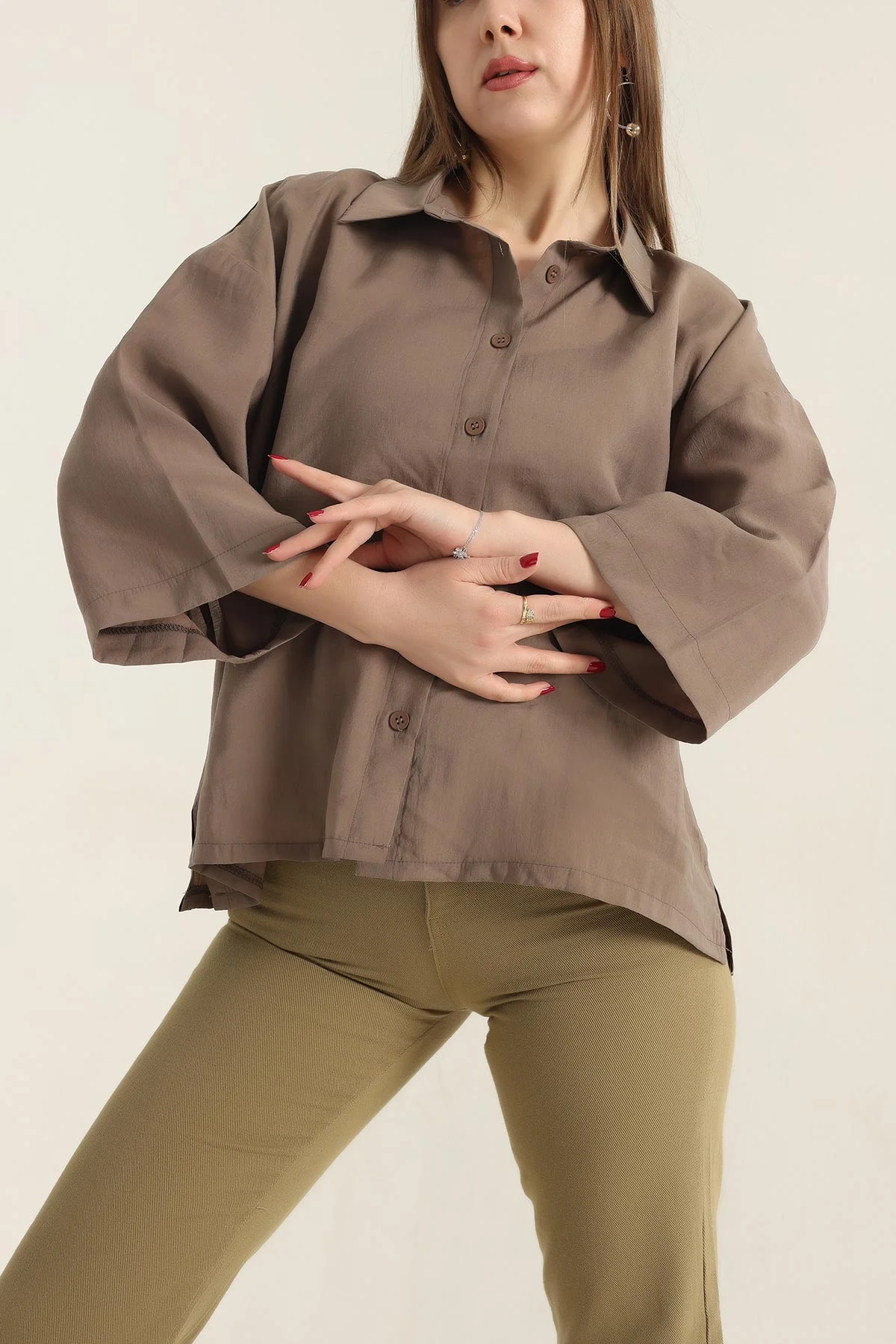Açık Kahve Kısa Kol Tencel Oversize Bayan Gömlek 337584