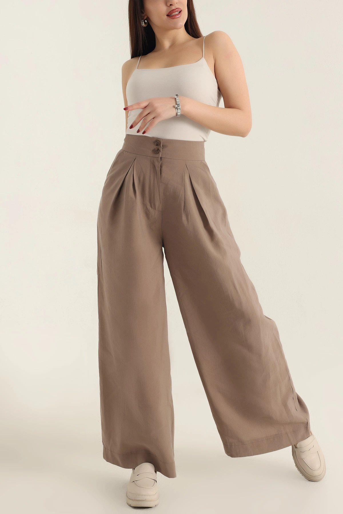 Açık Kahve Pileli Cepli Bayan Tencel Pantolon 337617