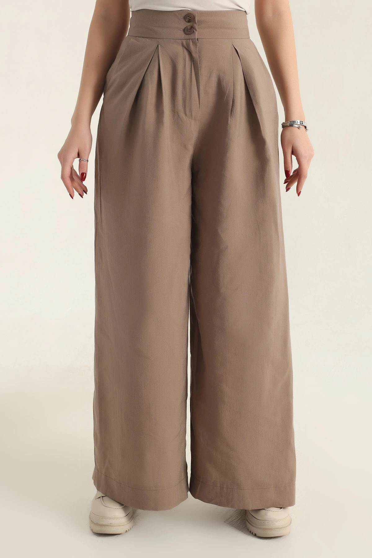 Açık Kahve Pileli Cepli Bayan Tencel Pantolon 337617