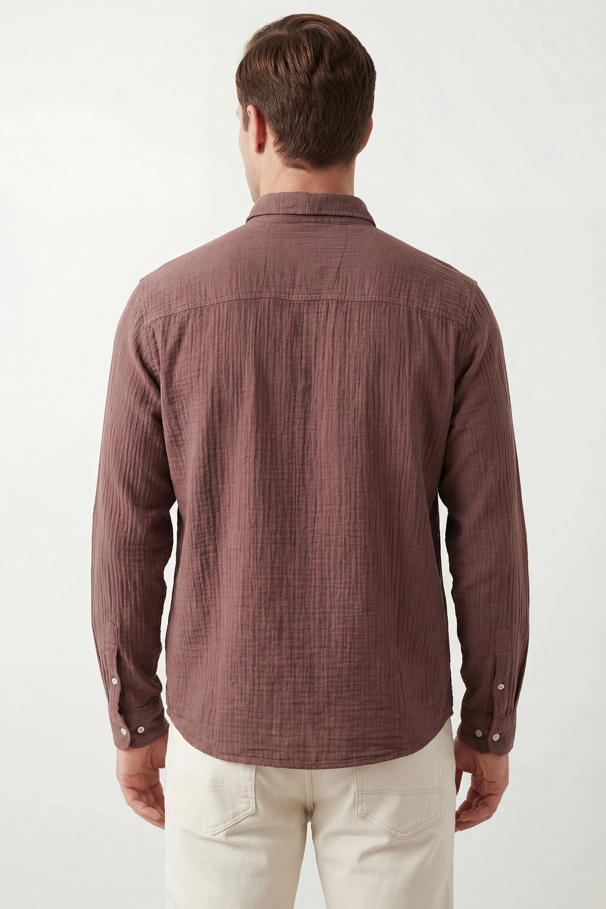 Açık Kahve Relaxed Fit Müslin Keten Ata Yaka Erkek Gömlek 435742