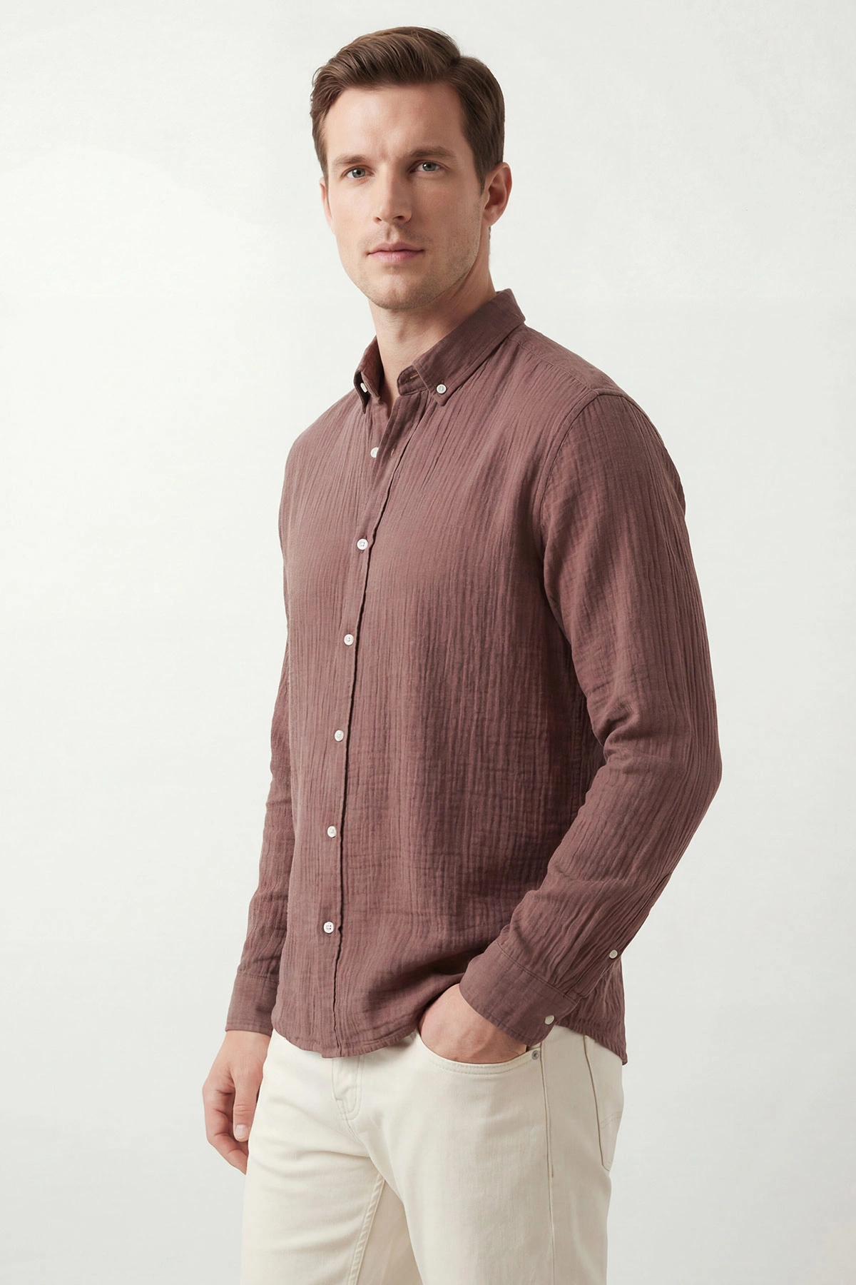 Açık Kahve Relaxed Fit Müslin Keten Ata Yaka Erkek Gömlek 435742