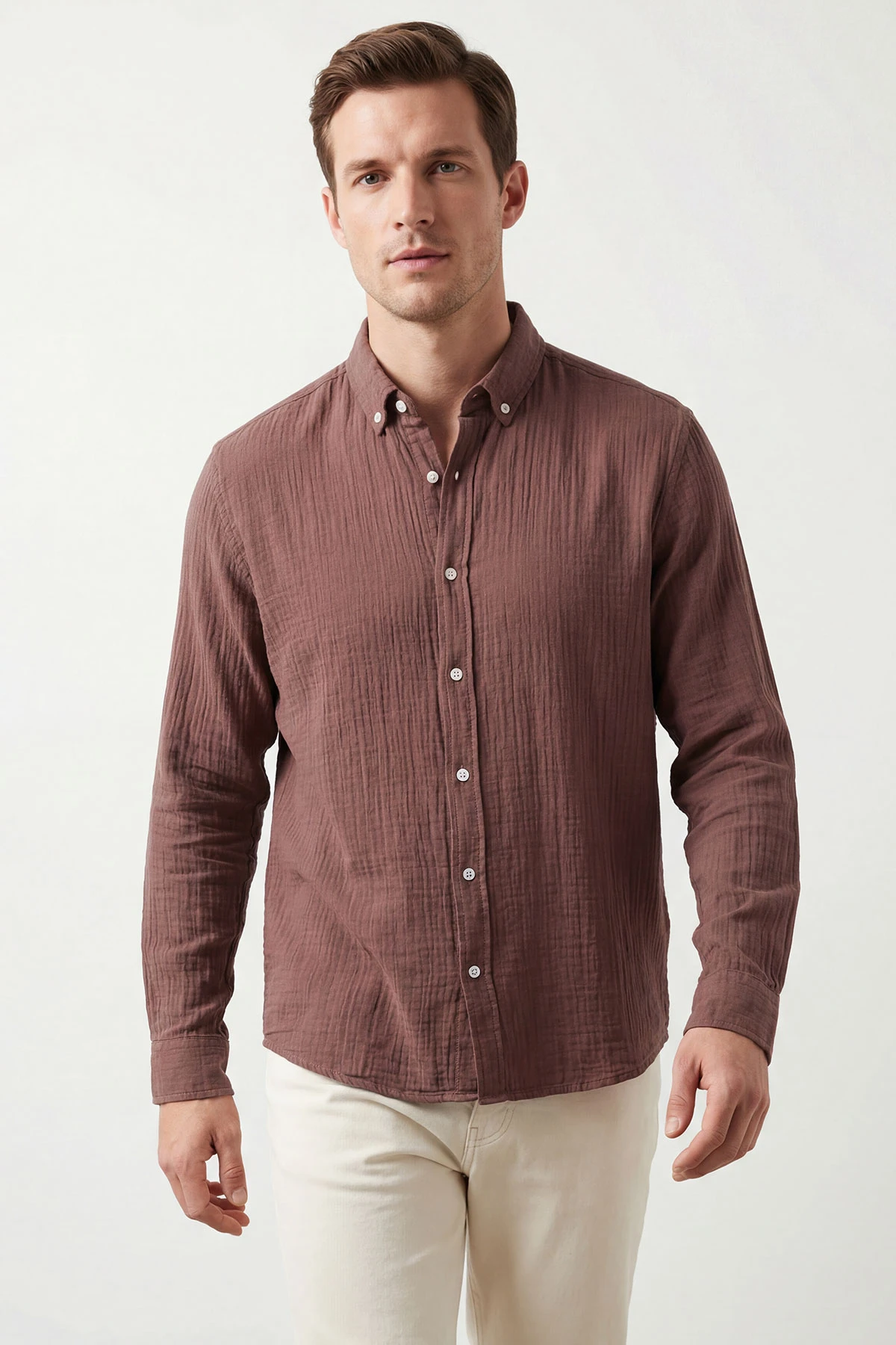 Açık Kahve Relaxed Fit Müslin Keten Ata Yaka Erkek Gömlek 435742