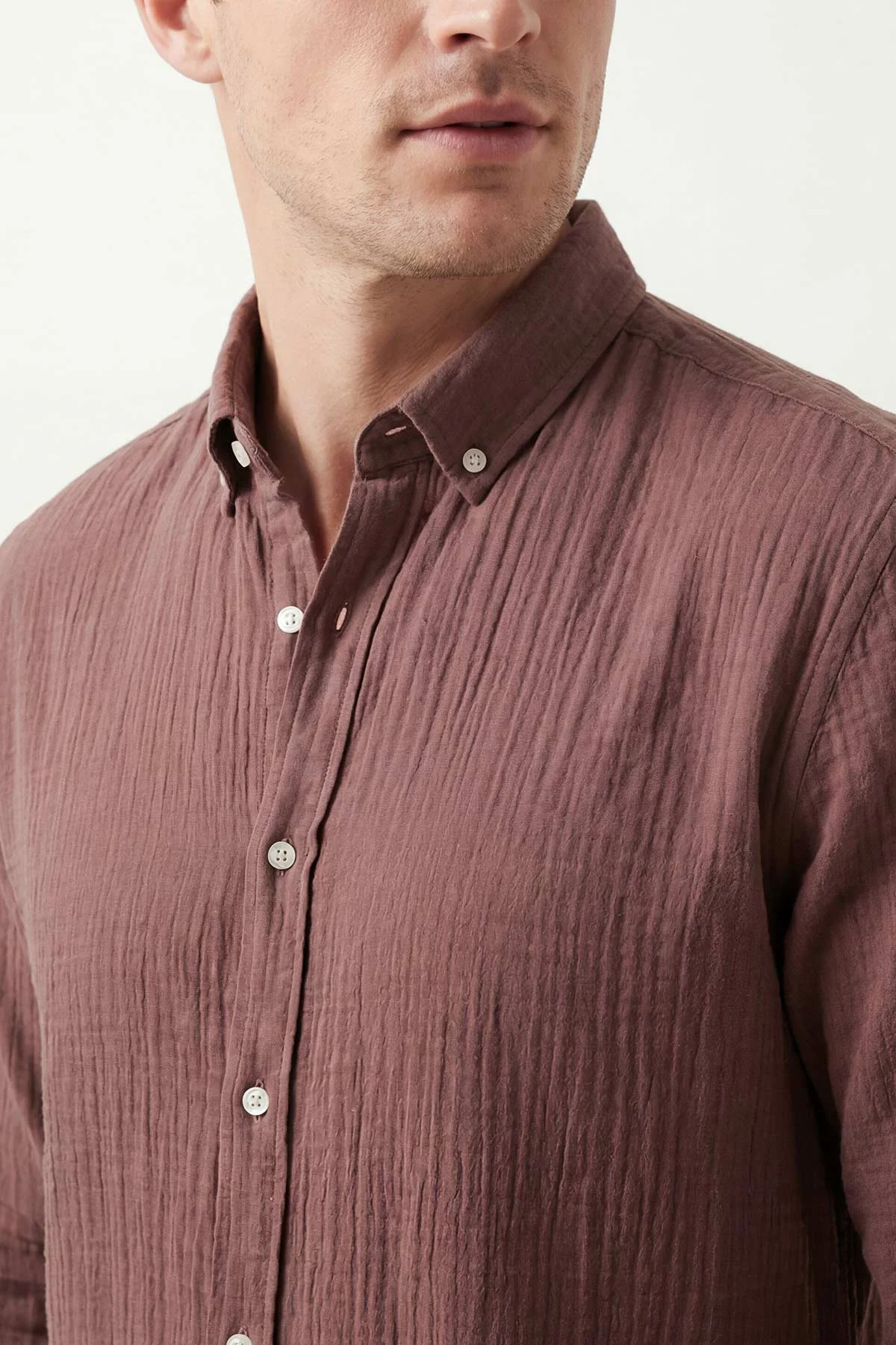 Açık Kahve Relaxed Fit Müslin Keten Ata Yaka Erkek Gömlek 435742