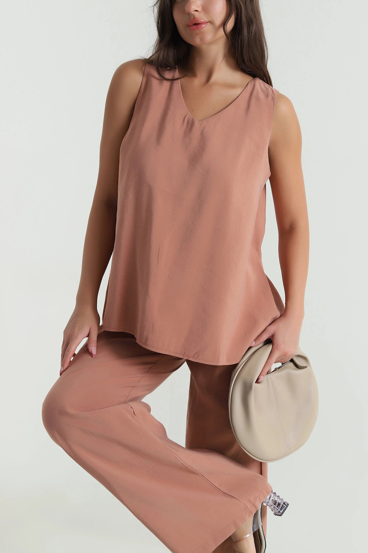 Açık Kahve Tencel V Yaka Kadın İkili Takım 476632