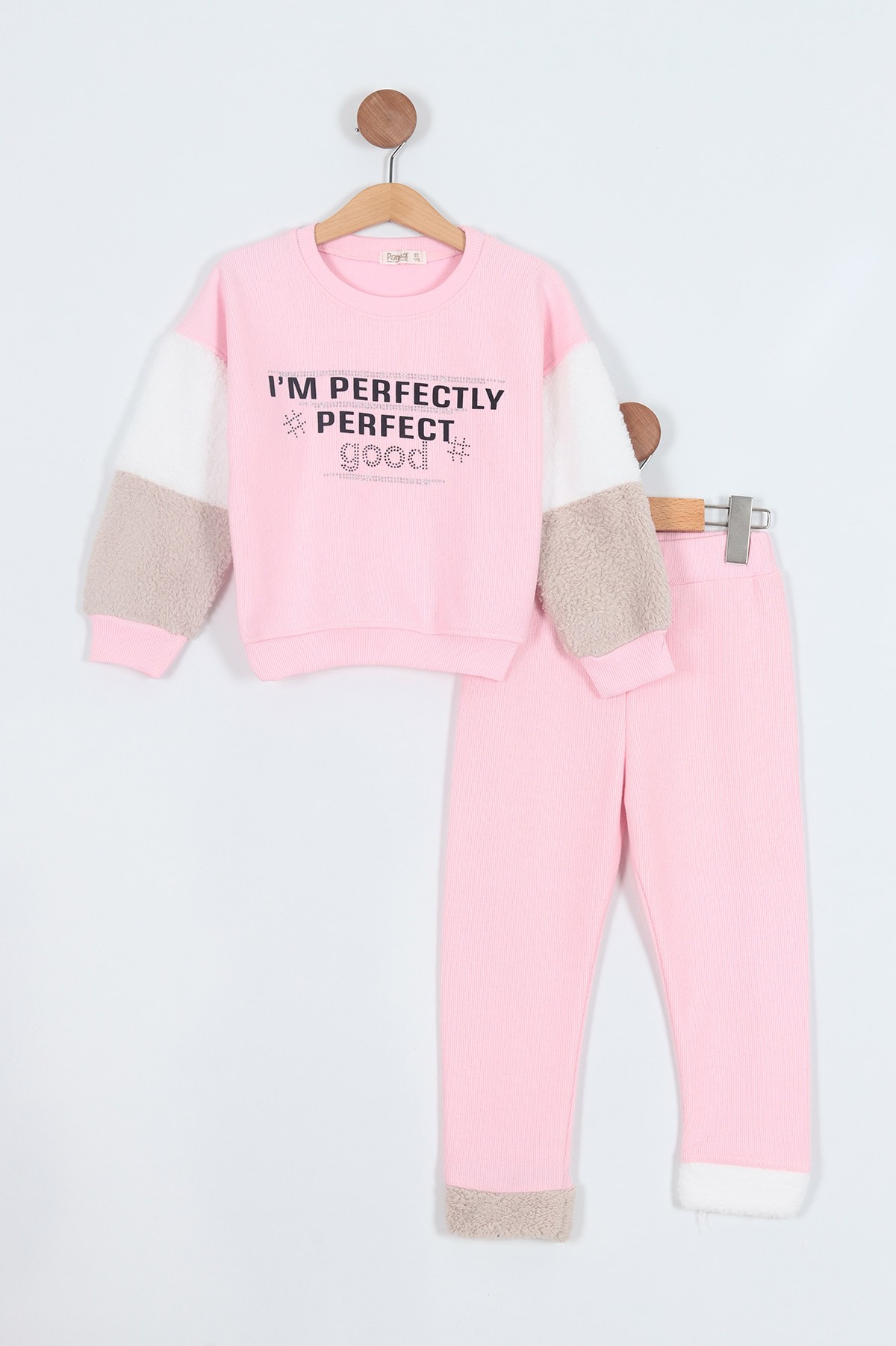 Açık Pembe (6-9 Yaş) Perfect Baskılı Taş İşlemeli Welsoft Kol Detaylı Selanik Kumaş Kız Çocuk Takım 210054
