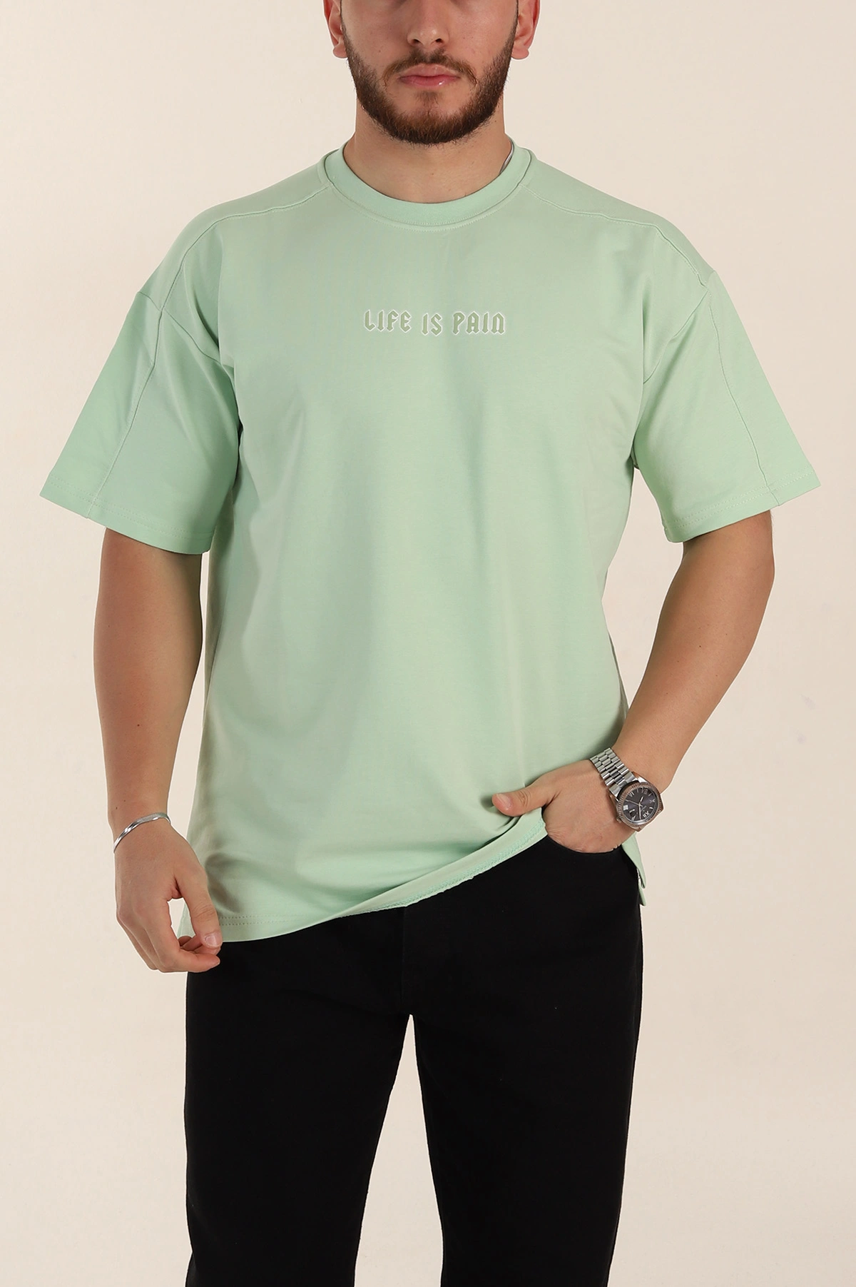 Açık Yeşil Relaxed Fit İnterlok Kumaş Yazı Detaylı Erkek Tişört 359314