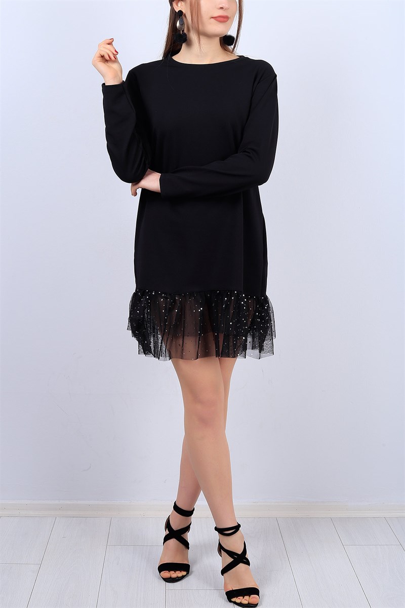 Alt Tül Fırfırlı Bayan Siyah Elbise 12046B