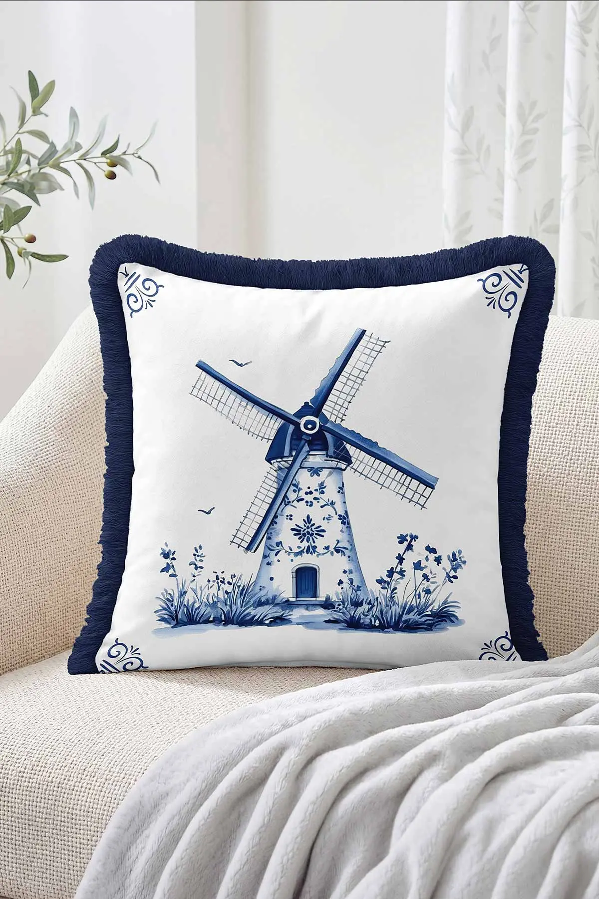 43x43 Cm Dijital Baskılı Fermuarlı Çift Taraflı Saçaklı Kırlent Kılıfı 483445