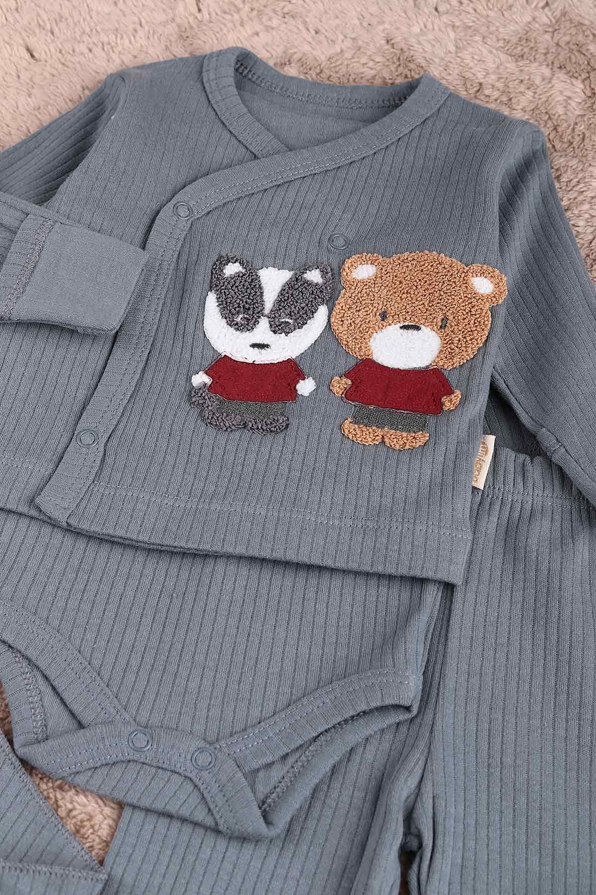 Antrasit (0-6 Ay) Ayı Nakışlı Erkek Bebe Takım 183868