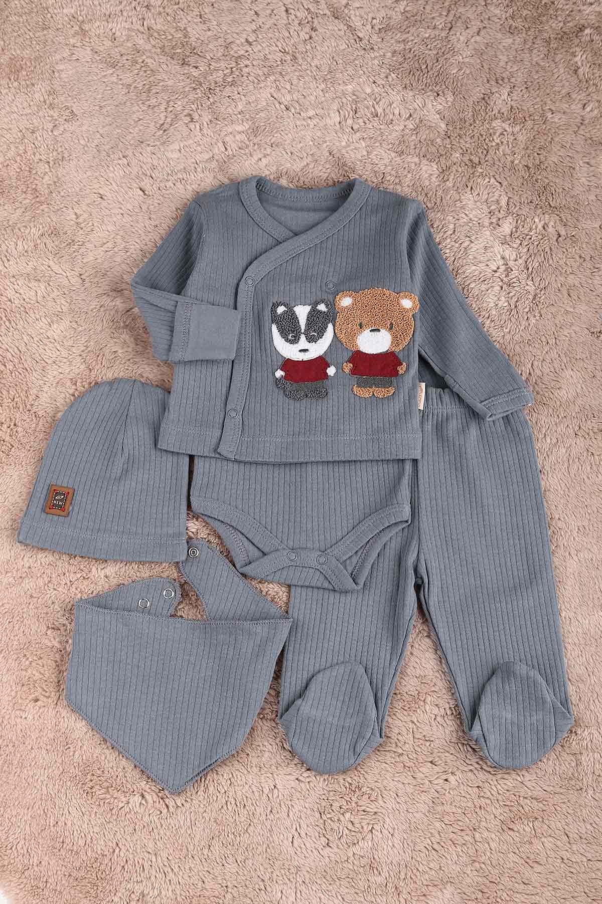 Antrasit (0-6 Ay) Ayı Nakışlı Erkek Bebe Takım 183868