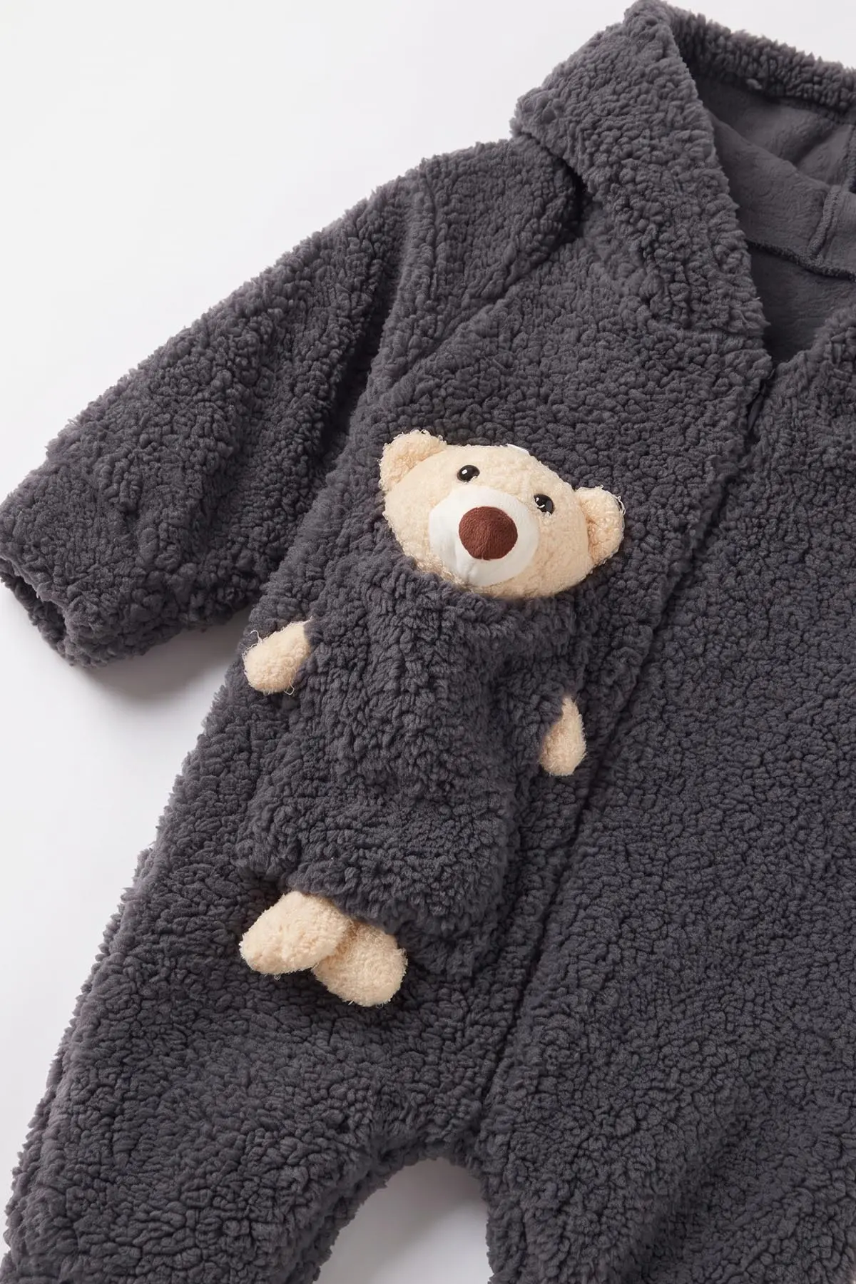 Antrasit (1-3 Yaş) Ayı Oyuncaklı Kapüşonlu Unisex Çocuk&Bebek Peluş  Tulum 495650