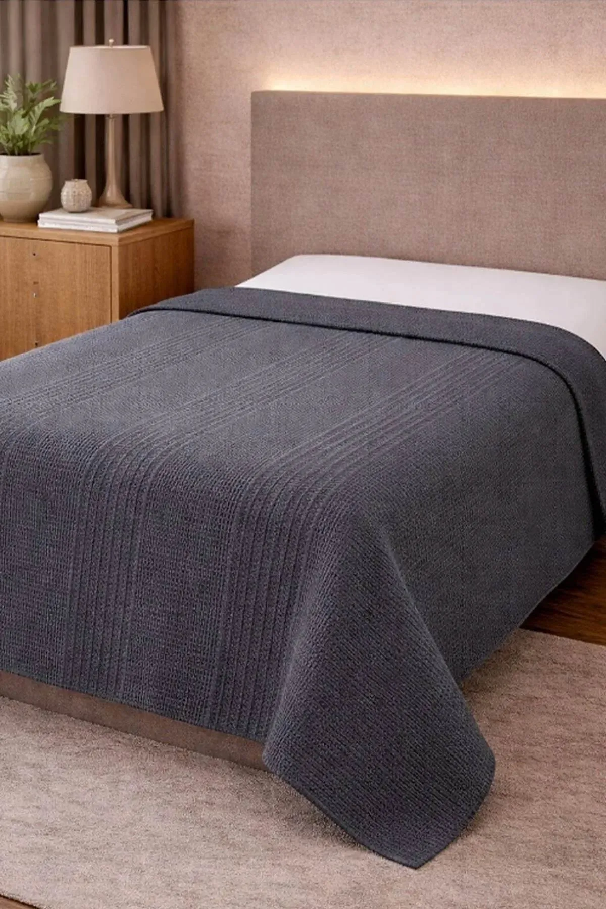 Antrasit 160x220 Cm Bella Home Tek Kişilik Pamuklu Petek Pike 474874