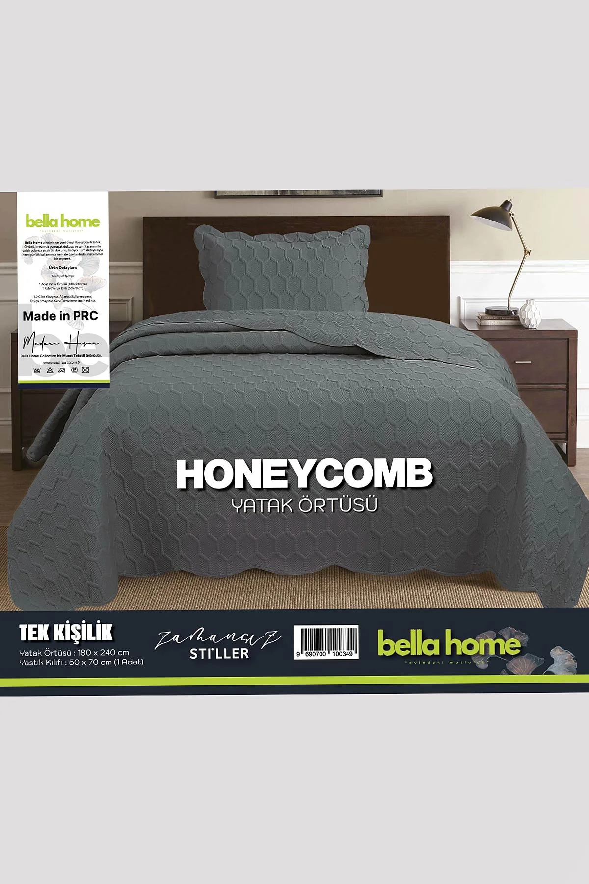 Antrasit 180x240 Cm Bella Home Tek Kişilik Honeycomb 3D Yatak Örtüsü 395086