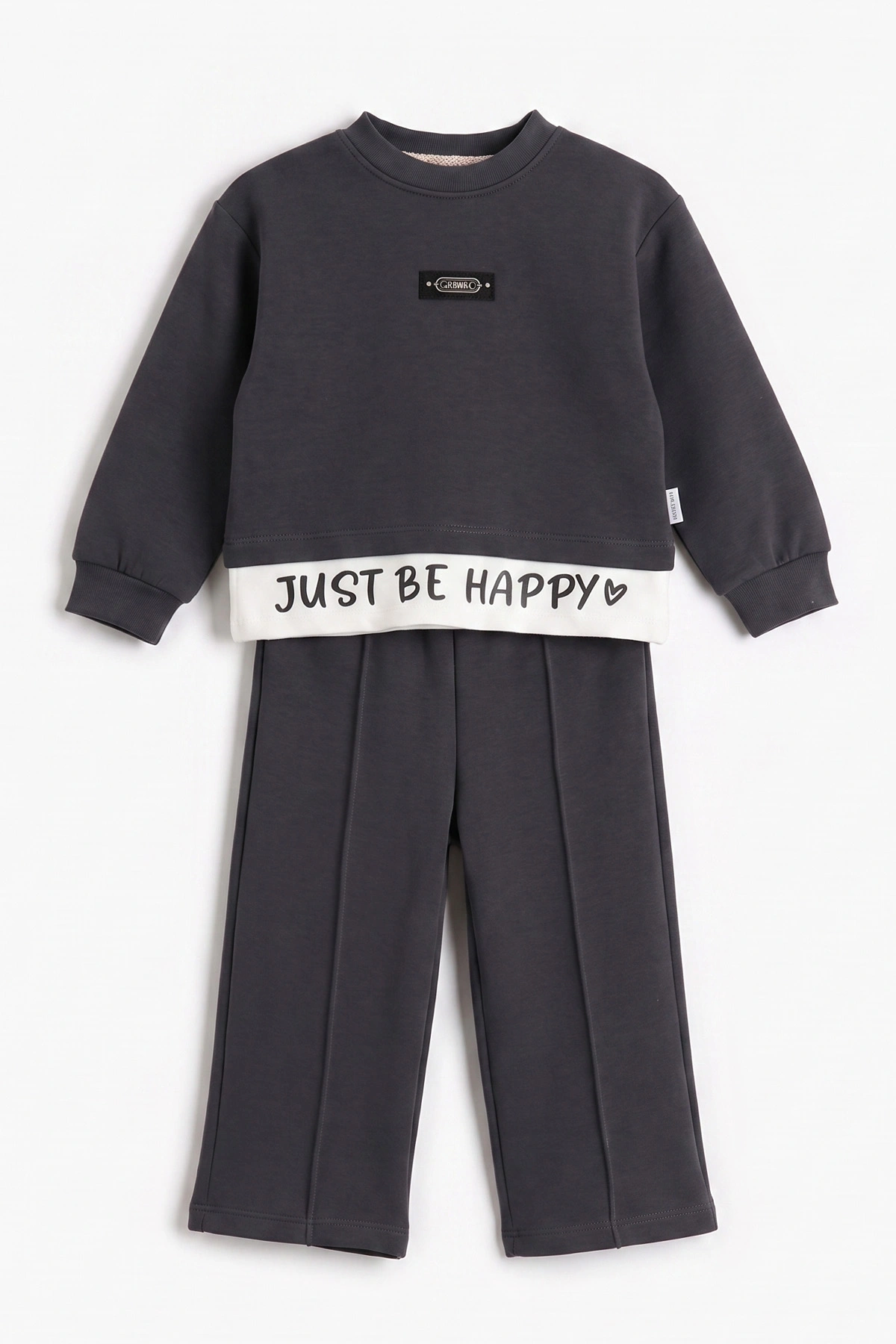 Antrasit (2-5 Yaş) Armalı Just Be Happy Baskılı Oysho Kumaş  Kız Çocuk Takım 471251