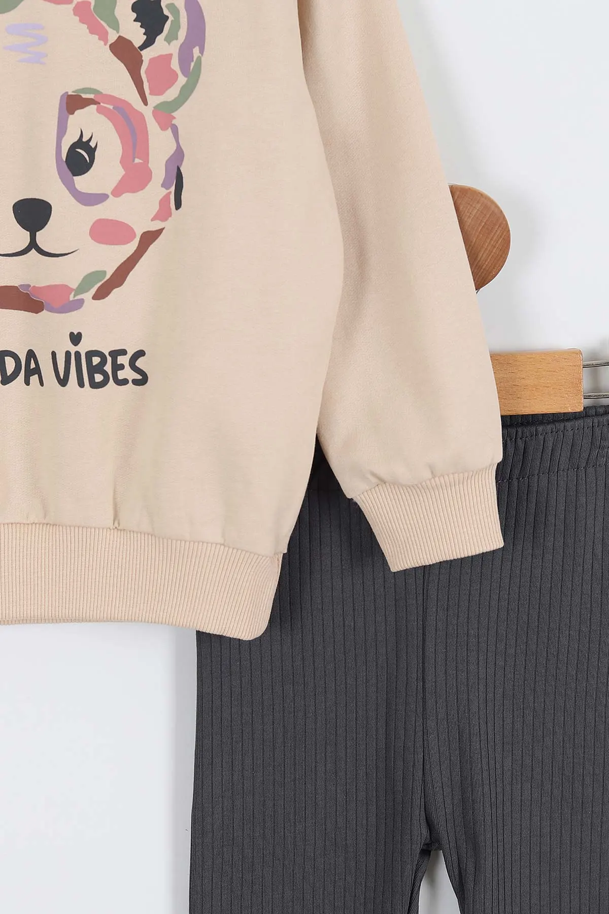 Antrasit (2-5 Yaş) Panda Vibes Baskılı Taytlı Kız Çocuk Takım 336968