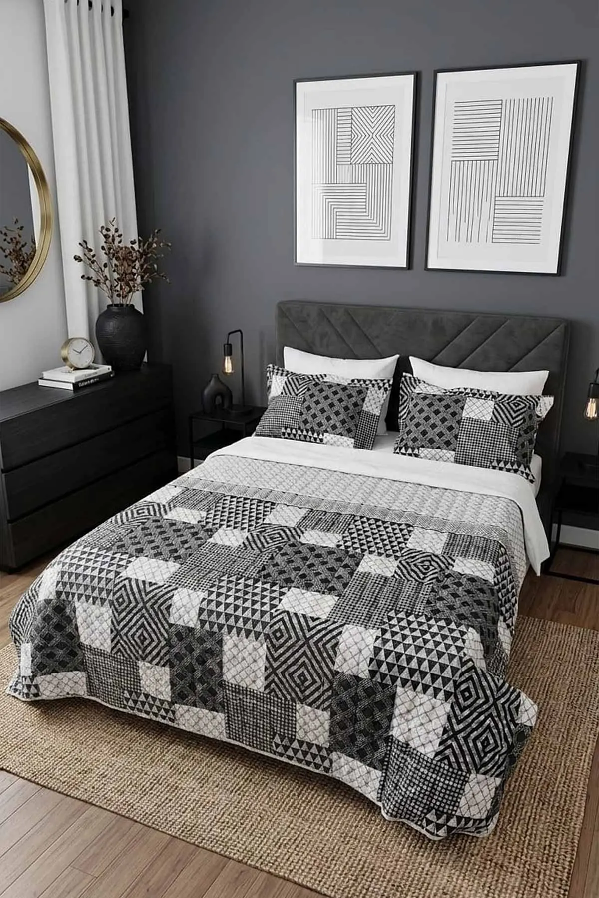 Antrasit 200x220 Cm Kapitoneli Çift Kişilik Yatak Örtüsü Takımı 465527