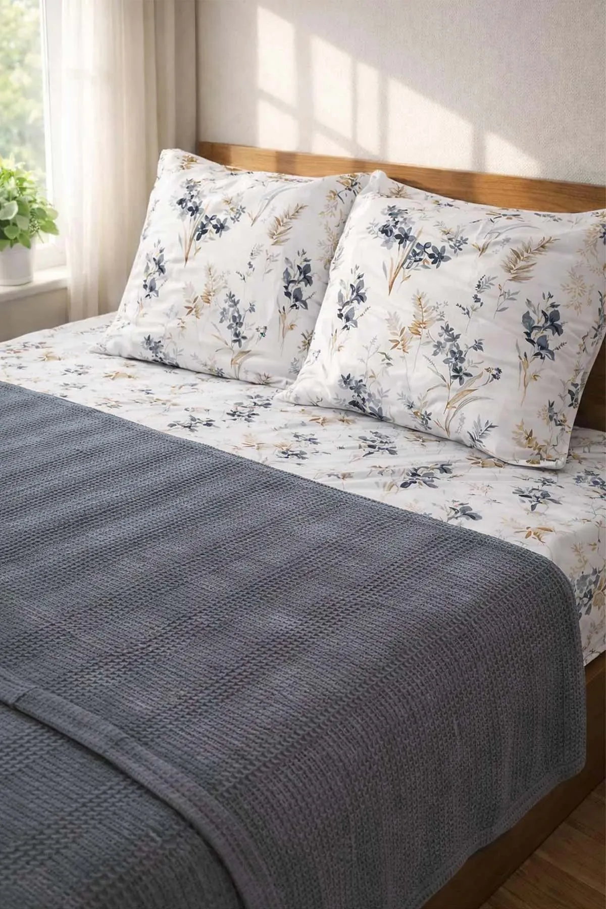 Antrasit 200x230 Cm Bella Home Çift Kişilik Pamuklu Petek Pike Takımı 474613
