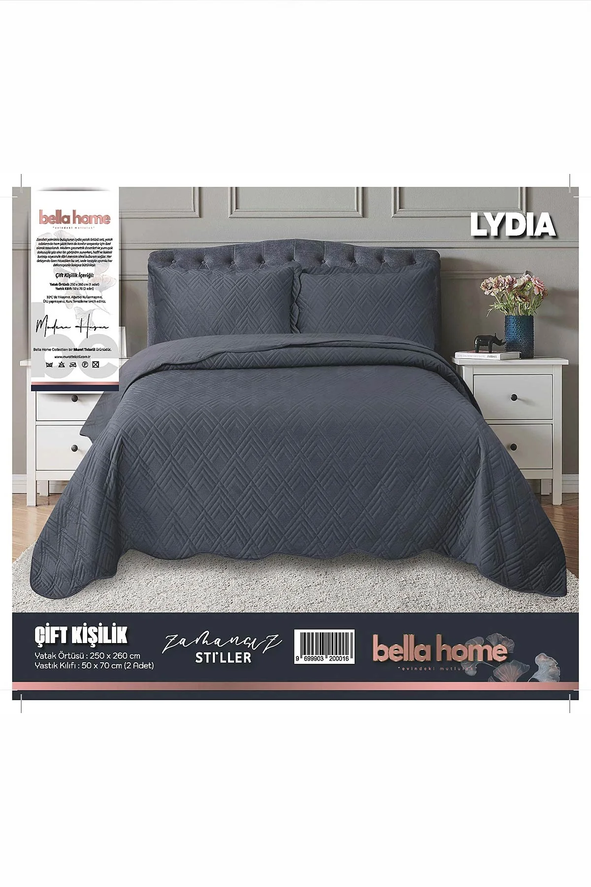 Antrasit 250x260 Cm Elora Çift Kişilik Yatak Örtüsü Seti 474550