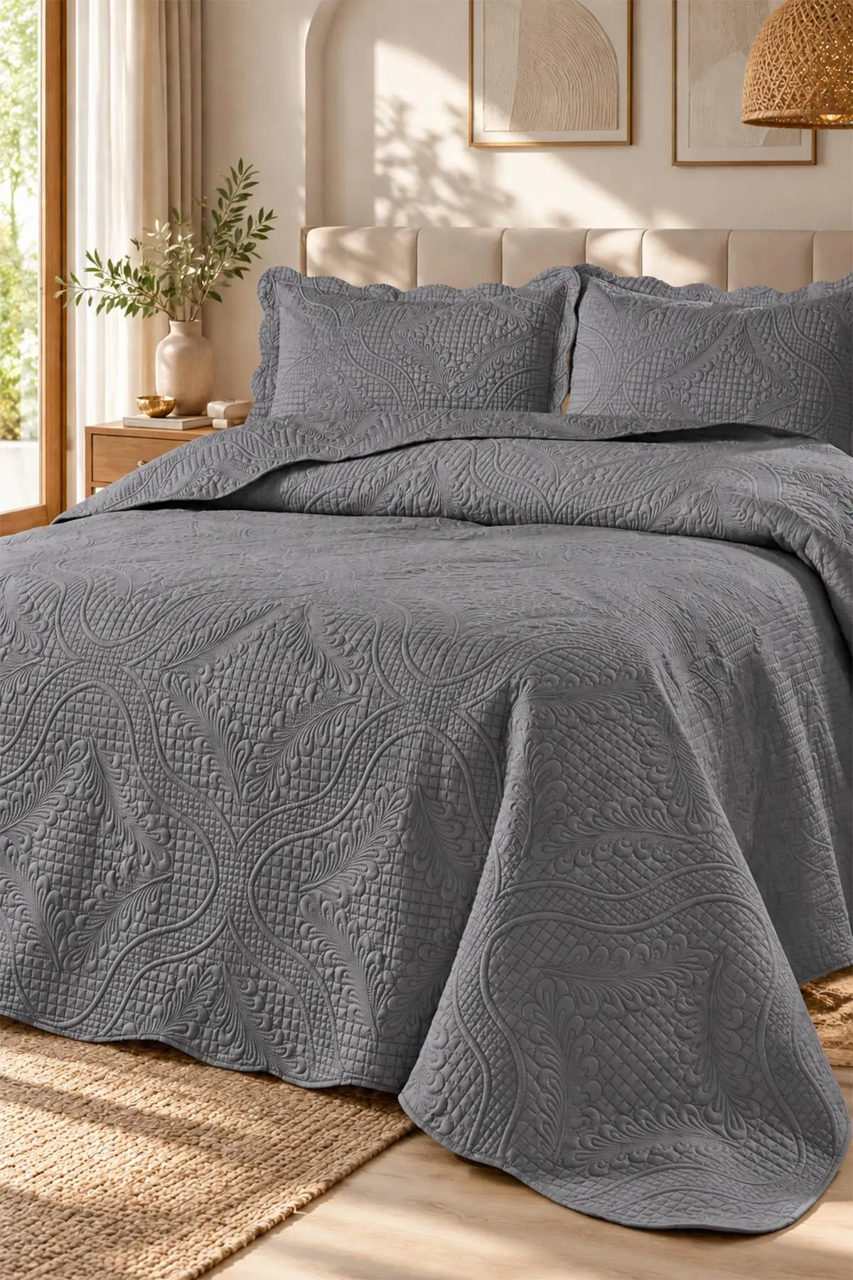 Antrasit 250x260 Cm Toyo Çift Kişilik Nakışlı Yatak Örtüsü 492034