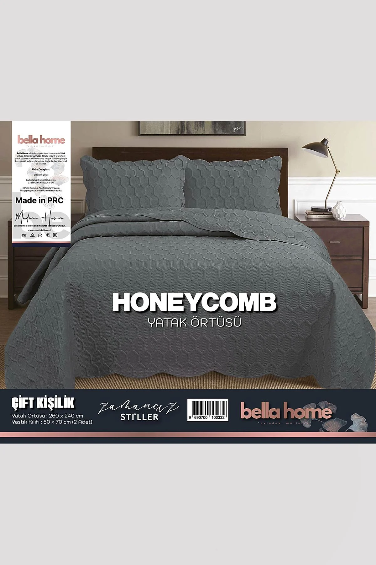Antrasit 260x240 Cm Bella Home Çift Kişilik Honeycomb 3D Yatak Örtüsü 395112