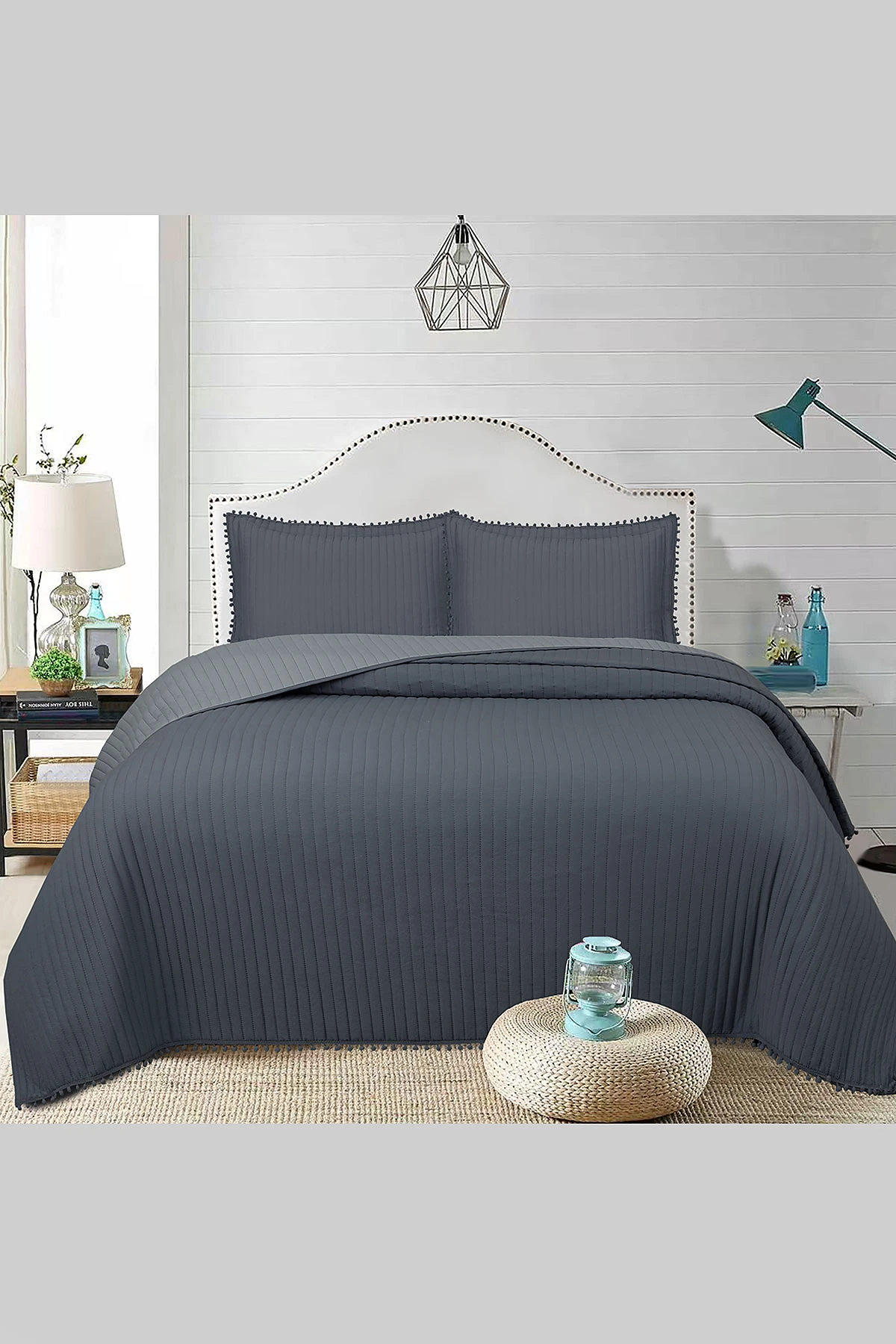 Antrasit 260x240 Cm Bella Home Çift Kişilik Sofia Ponponlu Yatak Örtüsü 395131