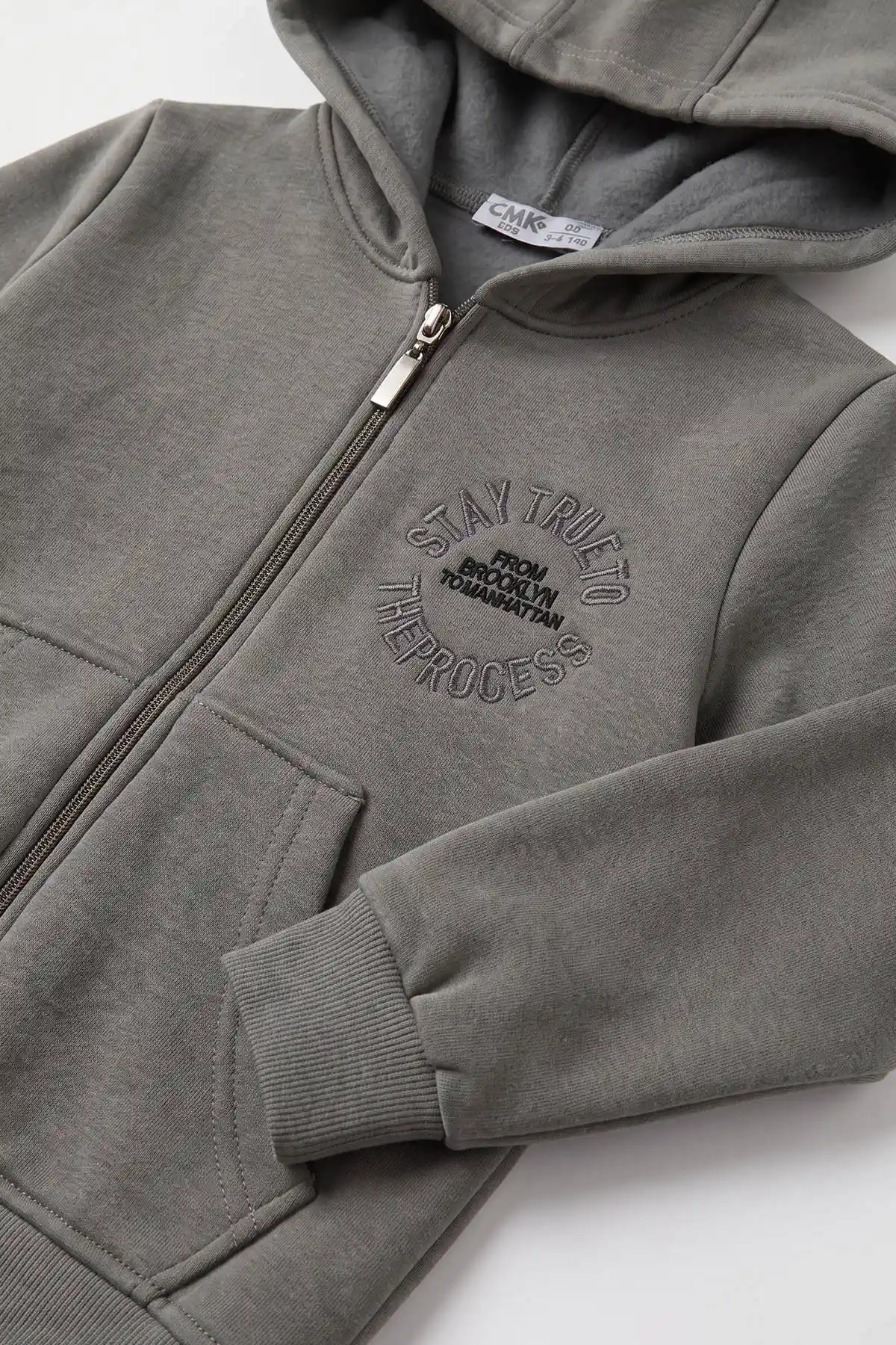 Antrasit (3-12 Yaş) Nakışlı Kapüşonlu Fermuarlı  Şardonlu 3 İp Erkek Çocuk Sweatshirt 484134