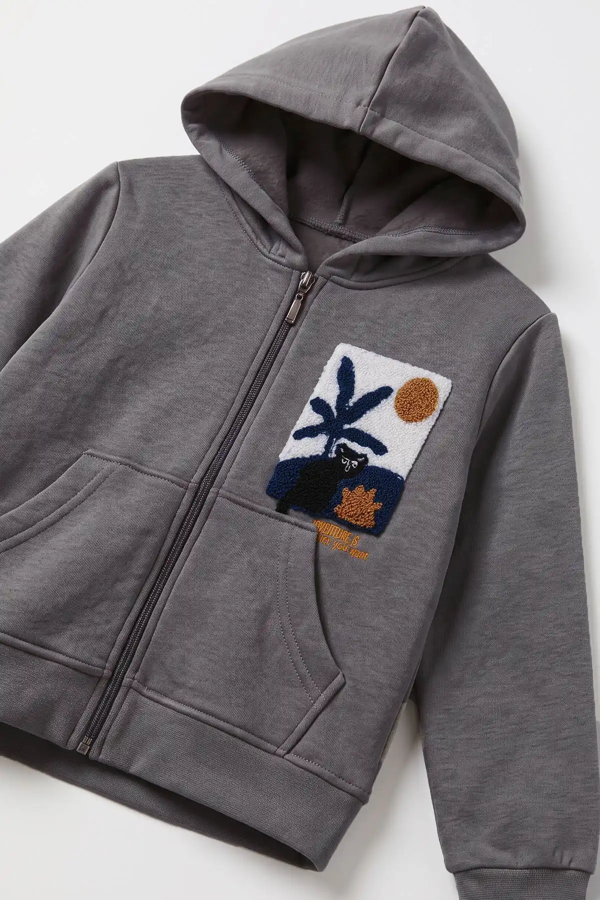 Antrasit (3-12 Yaş) Süzene Palmiye Nakışlı Kapüşonlu  3 İp Şardonlu Erkek Çocuk Sweatshirt 478781