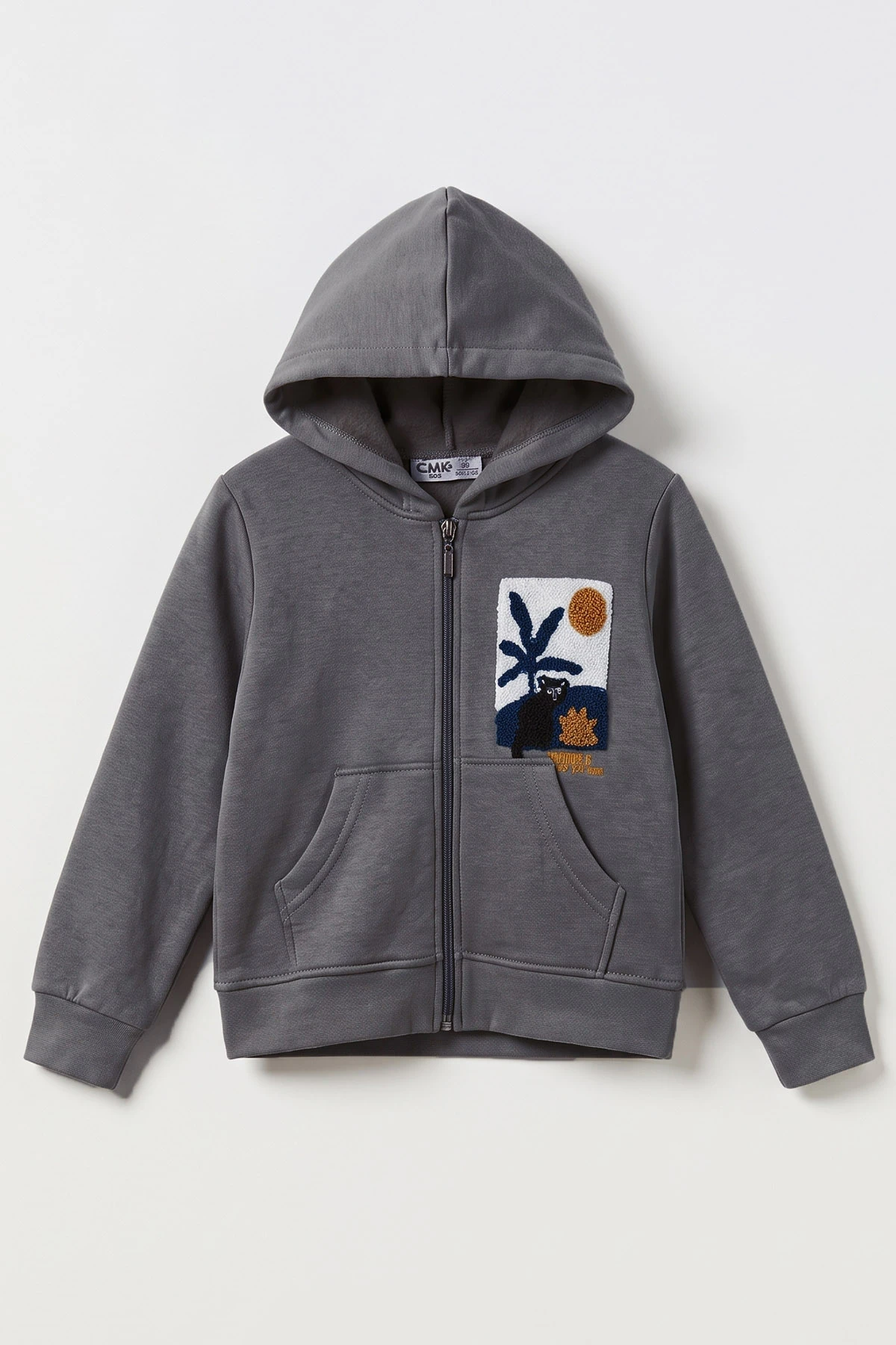 Antrasit (3-12 Yaş) Süzene Palmiye Nakışlı Kapüşonlu  3 İp Şardonlu Erkek Çocuk Sweatshirt 478781