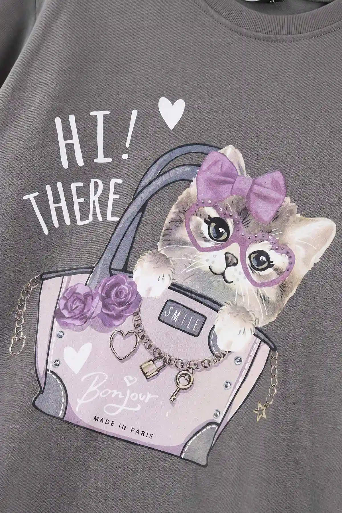 Antrasit (3-15 Yaş) Kedi Baskılı Ribana Kumaş Kız Çocuk Pijama Takımı 477076