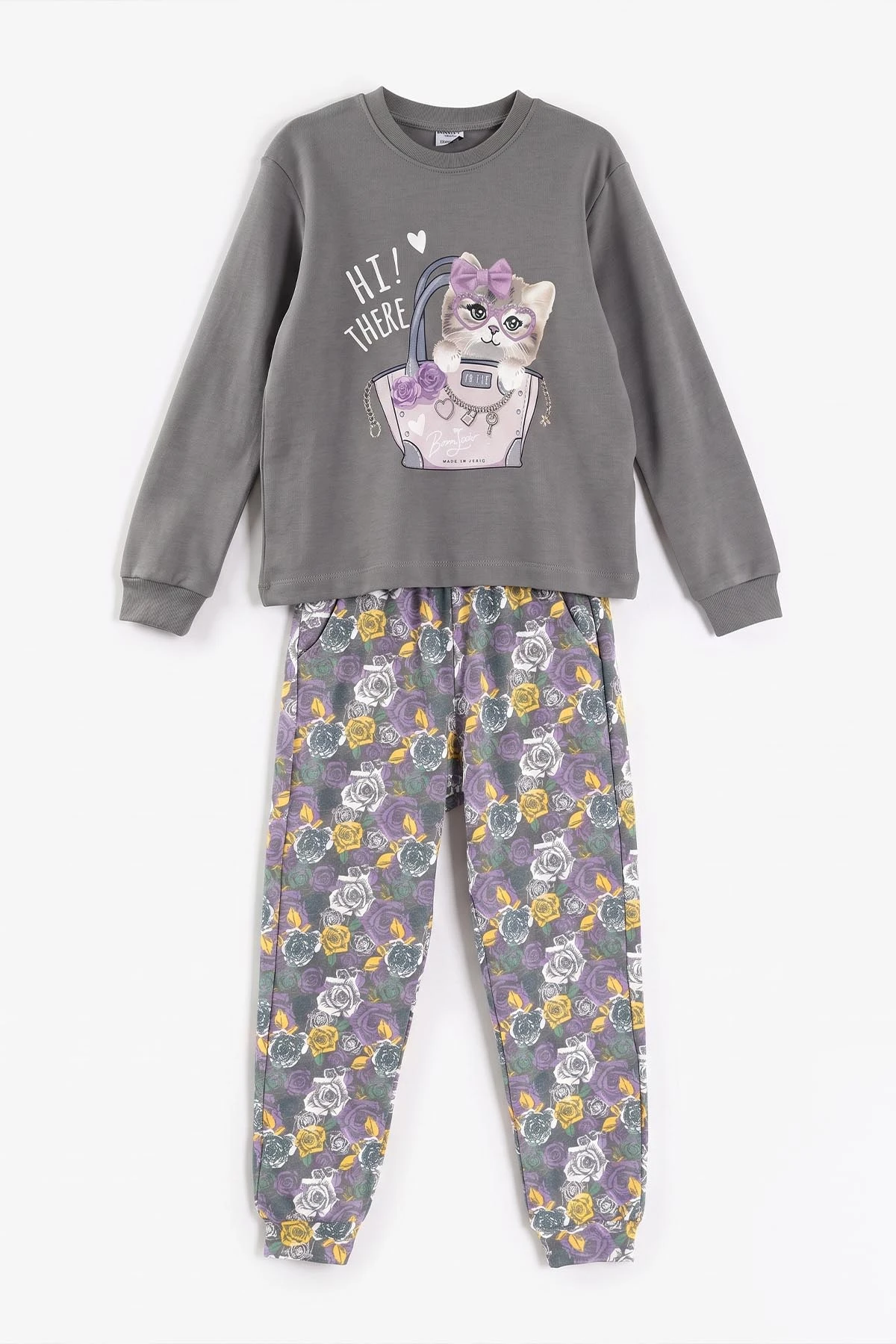 Antrasit (3-15 Yaş) Kedi Baskılı Ribana Kumaş Kız Çocuk Pijama Takımı 477076