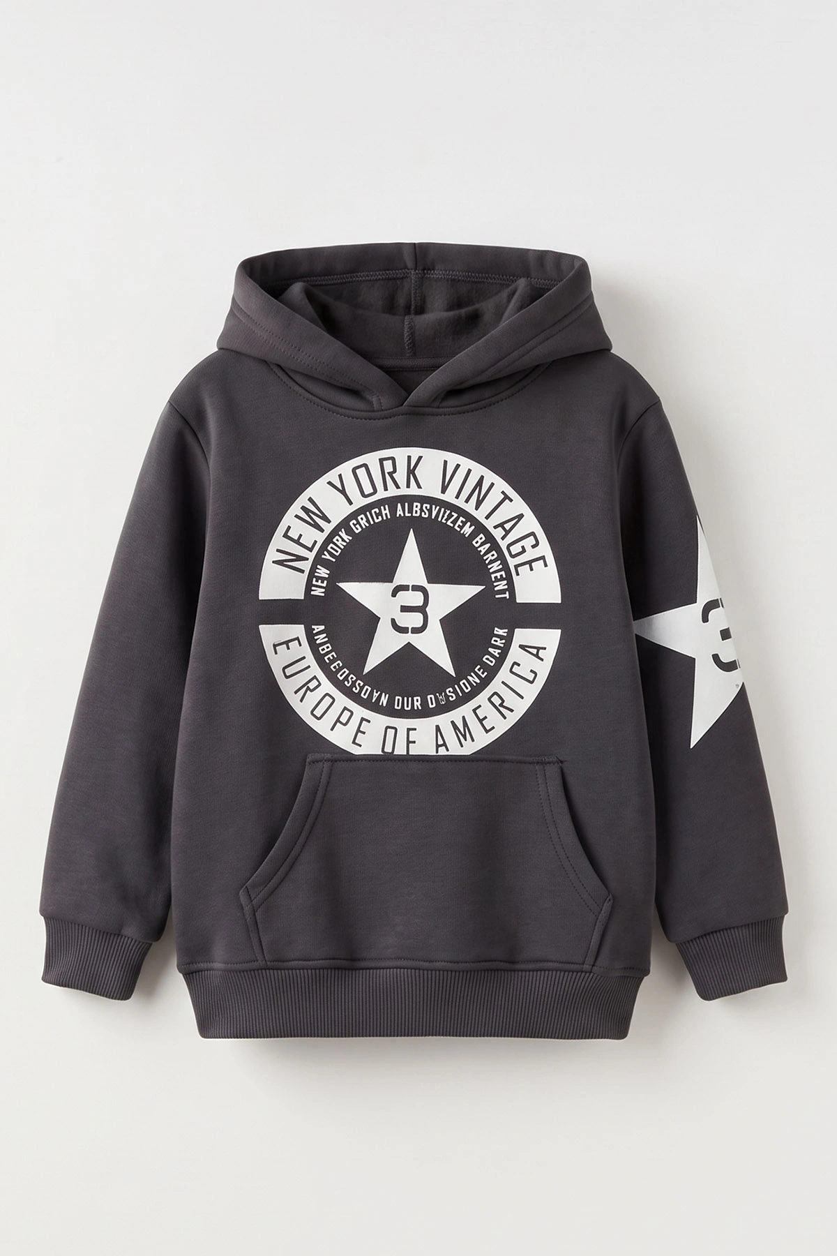 Antrasit (4-12 Yaş) Yazı Baskılı Kanguru Cepli ve Kapüşonlu 3 İp Şardonlu Erkek Çocuk Sweatshirt 497559