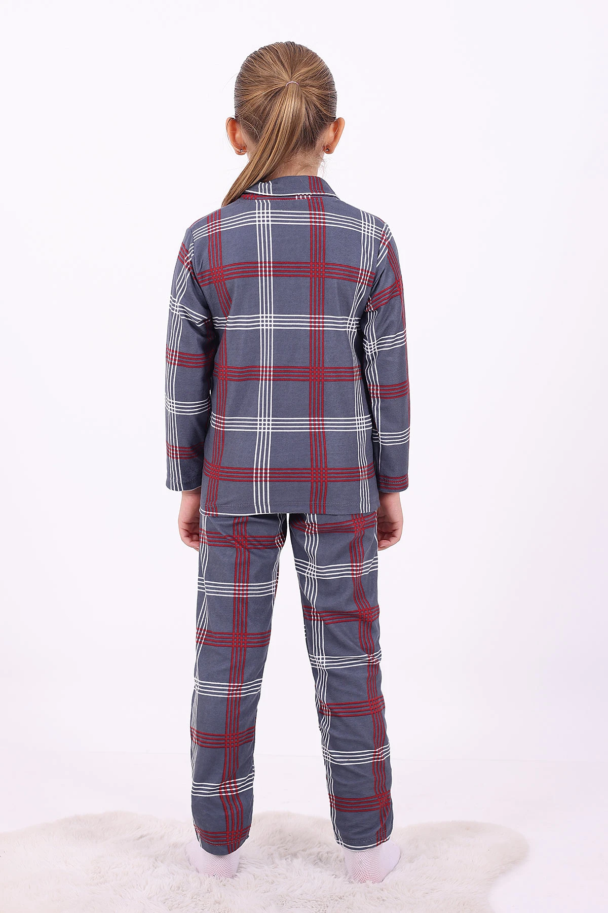 Antrasit (4-12 Yaş)Çizgi Desenli Düğmeli Kız Çocuk Pijama Takımı 329808
