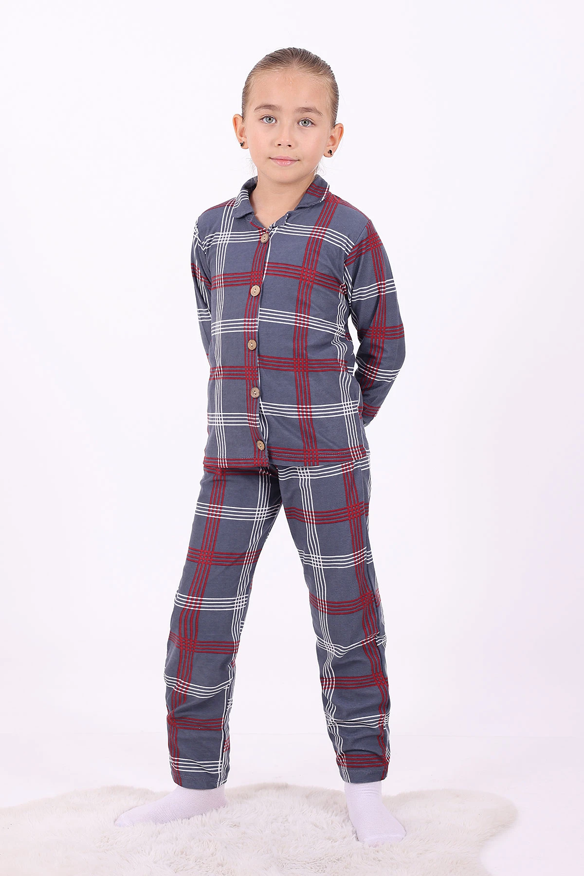Antrasit (4-12 Yaş)Çizgi Desenli Düğmeli Kız Çocuk Pijama Takımı 329808