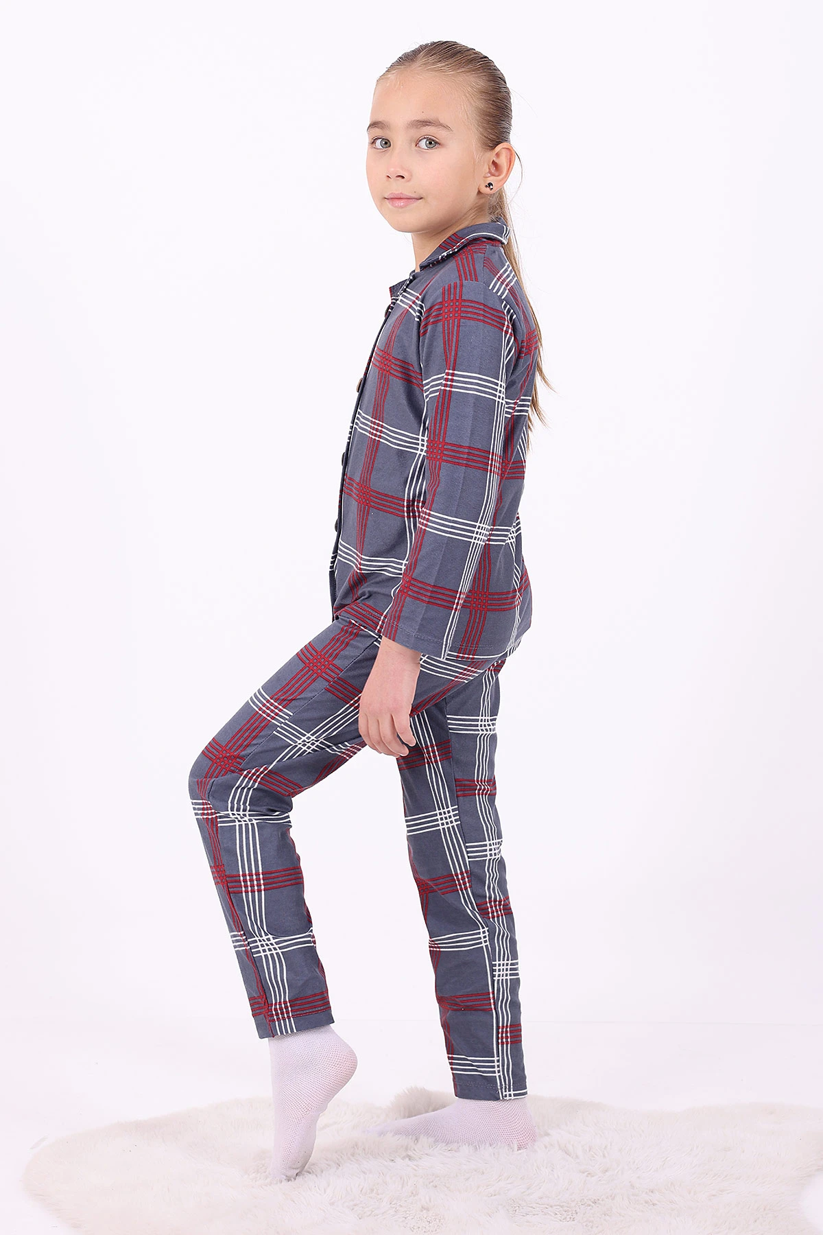 Antrasit (4-12 Yaş)Çizgi Desenli Düğmeli Kız Çocuk Pijama Takımı 329808