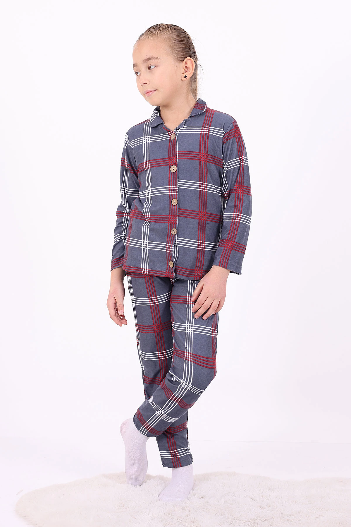 Antrasit (4-12 Yaş)Çizgi Desenli Düğmeli Kız Çocuk Pijama Takımı 329808