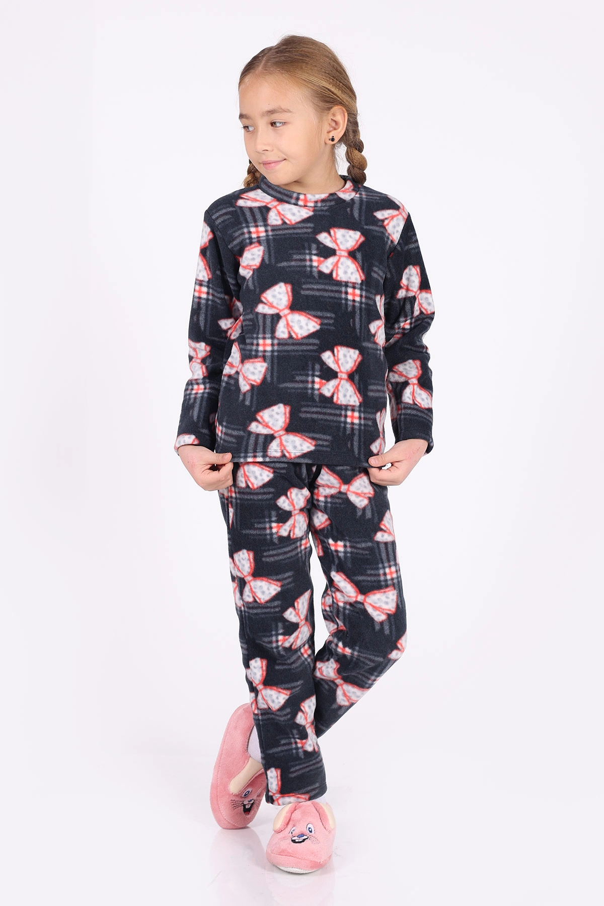 Antrasit (4-12 Yaş)Fiyonk  Desenli Polar Kumaş Kız Çocuk Pijama Takımı 327466
