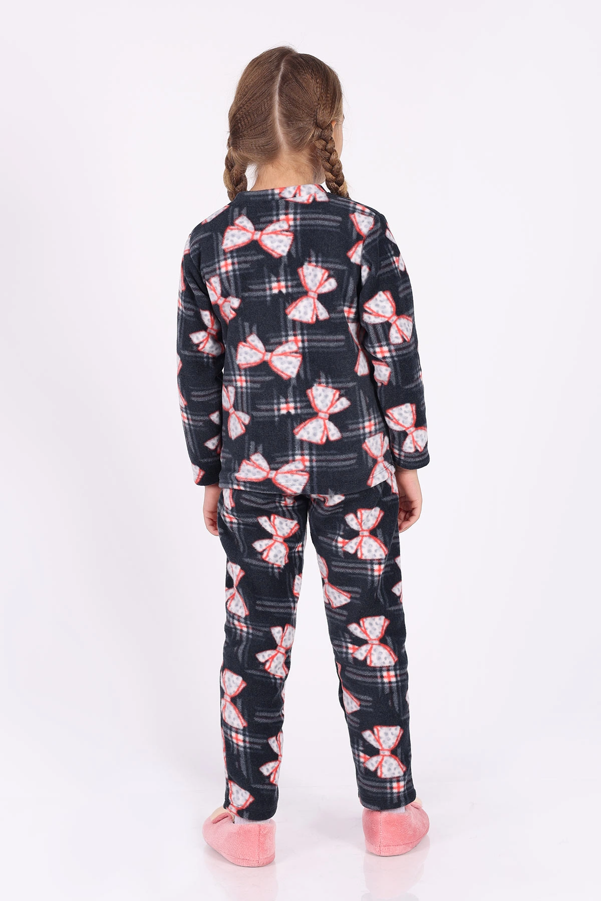 Antrasit (4-12 Yaş)Fiyonk  Desenli Polar Kumaş Kız Çocuk Pijama Takımı 327466
