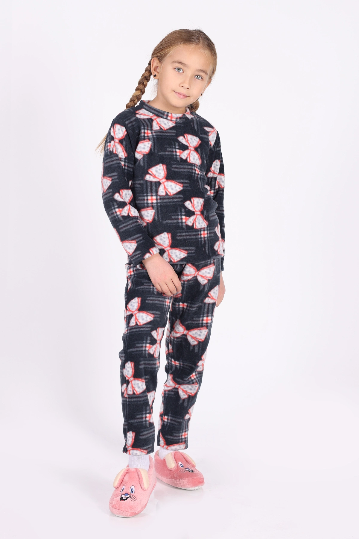 Antrasit (4-12 Yaş)Fiyonk  Desenli Polar Kumaş Kız Çocuk Pijama Takımı 327466