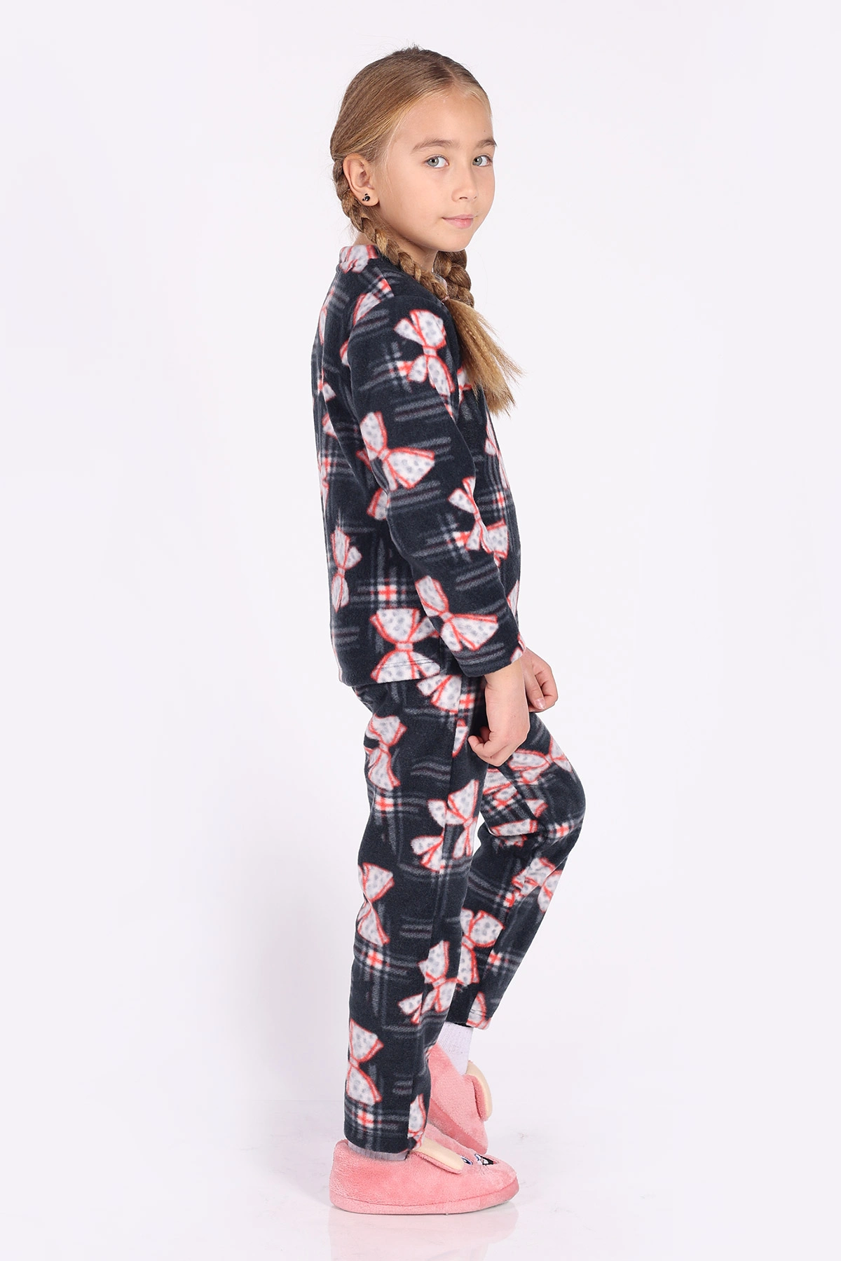 Antrasit (4-12 Yaş)Fiyonk  Desenli Polar Kumaş Kız Çocuk Pijama Takımı 327466