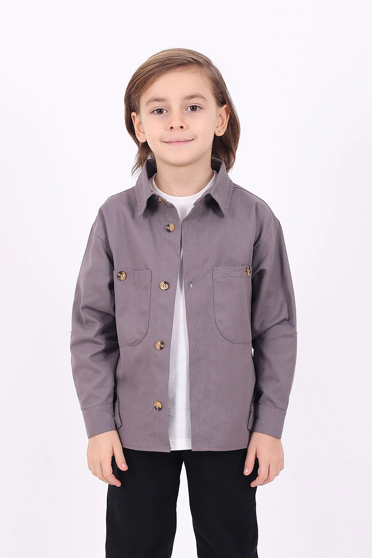 Antrasit (5-14 Yaş) Çift Cepli Oversize Kalıp Erkek Çocuk Gabardin Gömlek 323436
