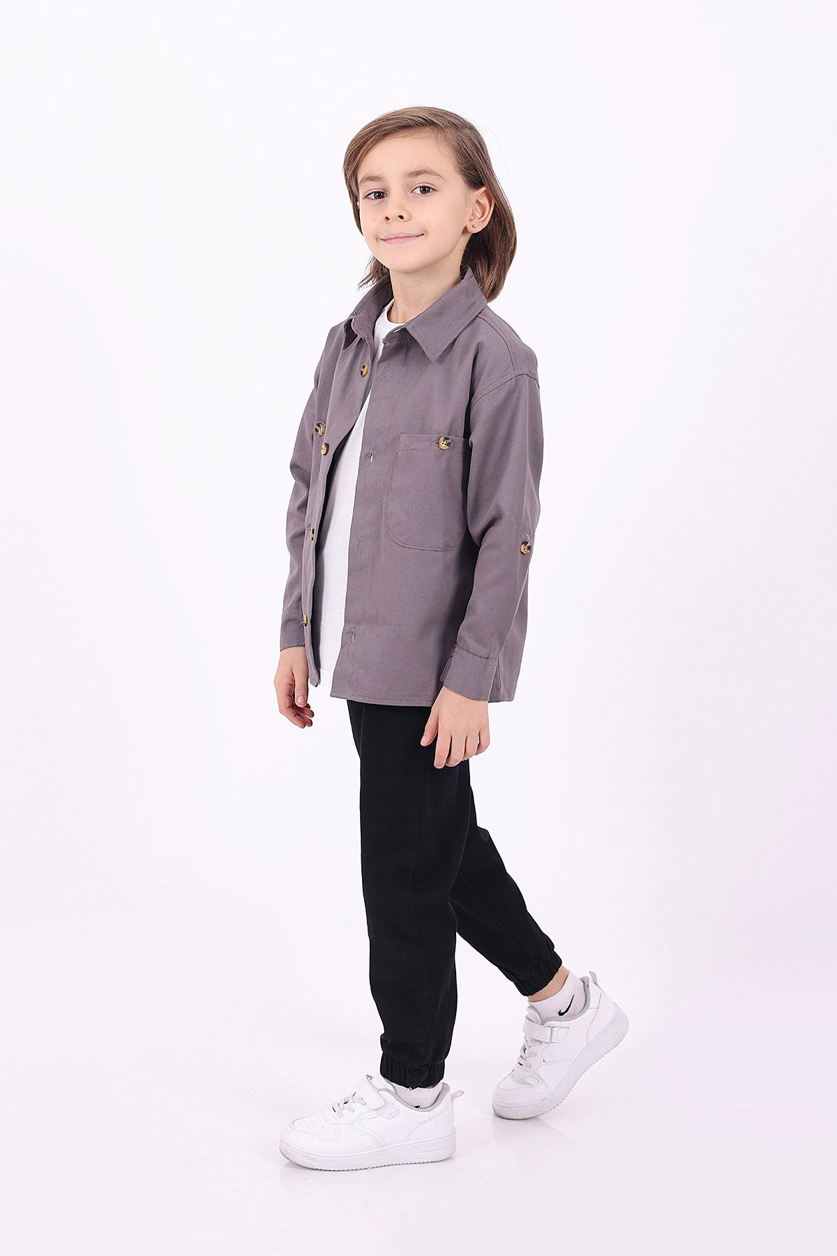 Antrasit (5-14 Yaş) Çift Cepli Oversize Kalıp Erkek Çocuk Gabardin Gömlek 323436