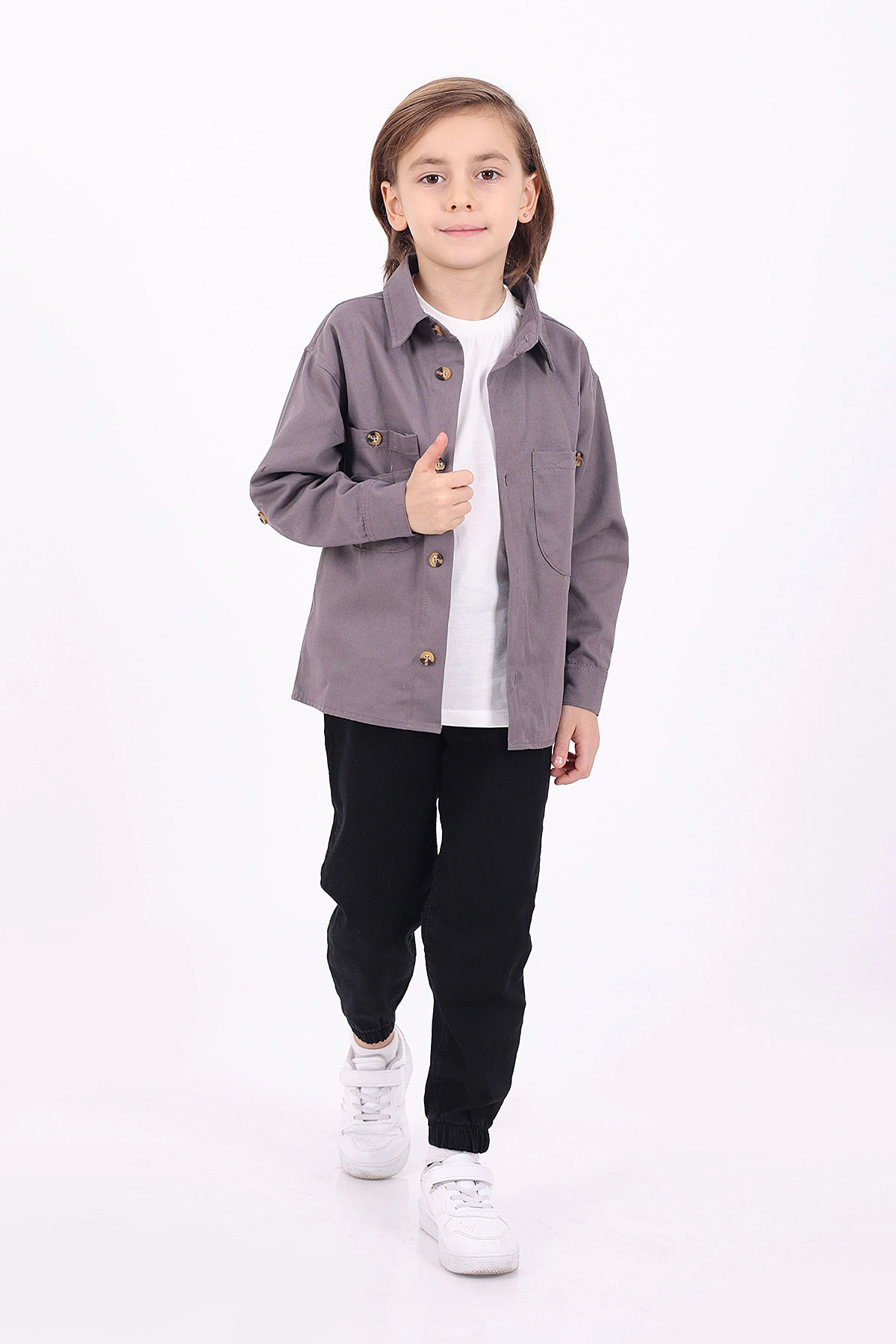 Antrasit (5-14 Yaş) Çift Cepli Oversize Kalıp Erkek Çocuk Gabardin Gömlek 323436