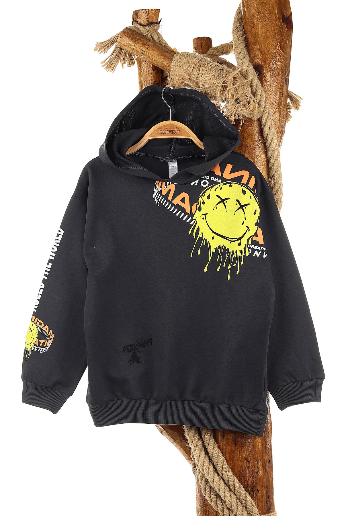 Antrasit (5-8 Yaş) Feel Happy Baskılı Kapüşonlu  Mevsimlik Erkek Çocuk Sweat 157155