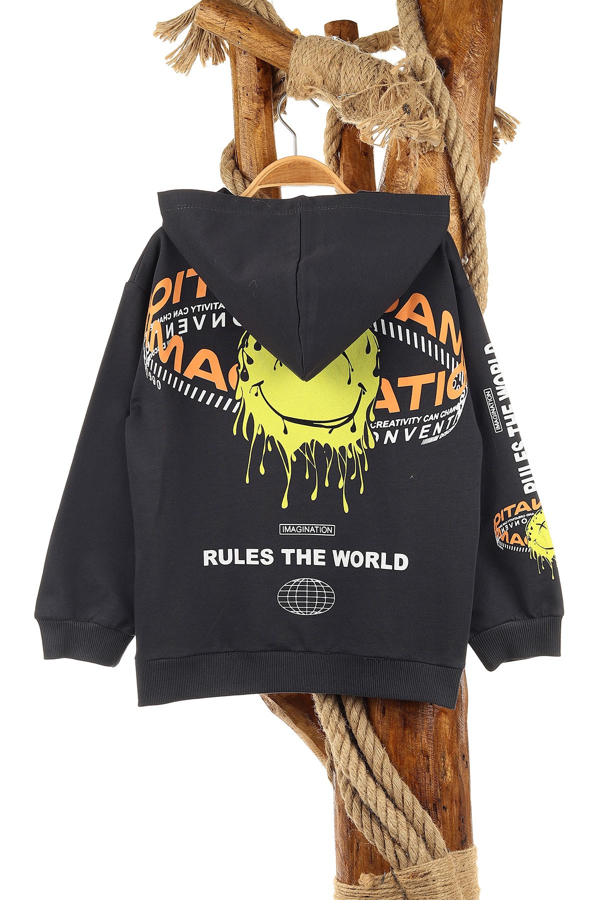 Antrasit (5-8 Yaş) Feel Happy Baskılı Kapüşonlu  Mevsimlik Erkek Çocuk Sweat 157155