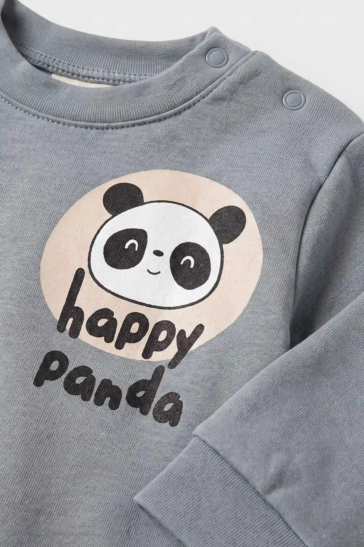 Antrasit (6-18 Ay) Happy Panda Baskılı Alt Lastikli Paça Erkek Bebek Takım 479400