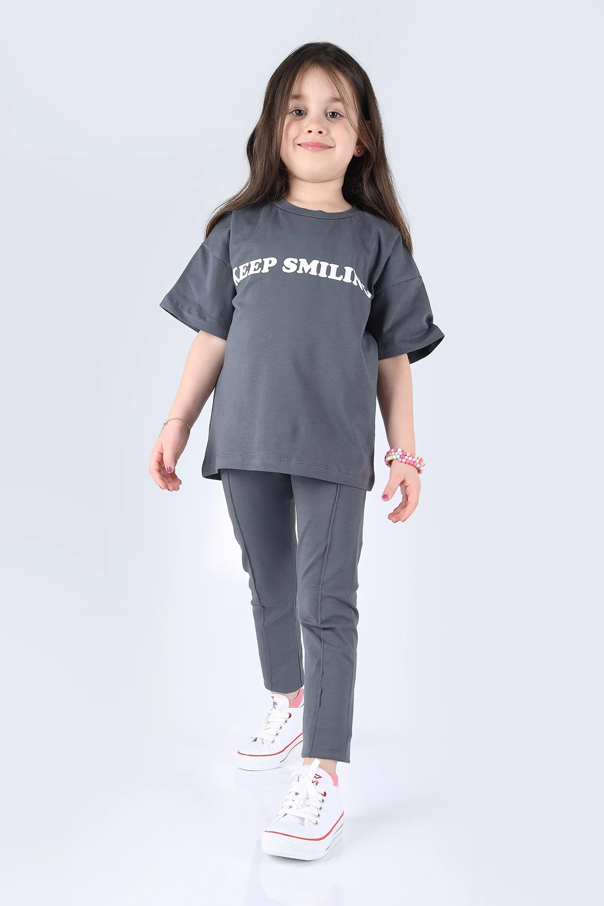 Antrasit (6-9 Yaş) Keep Smiling Baskılı Kız Çocuk Takım 264477