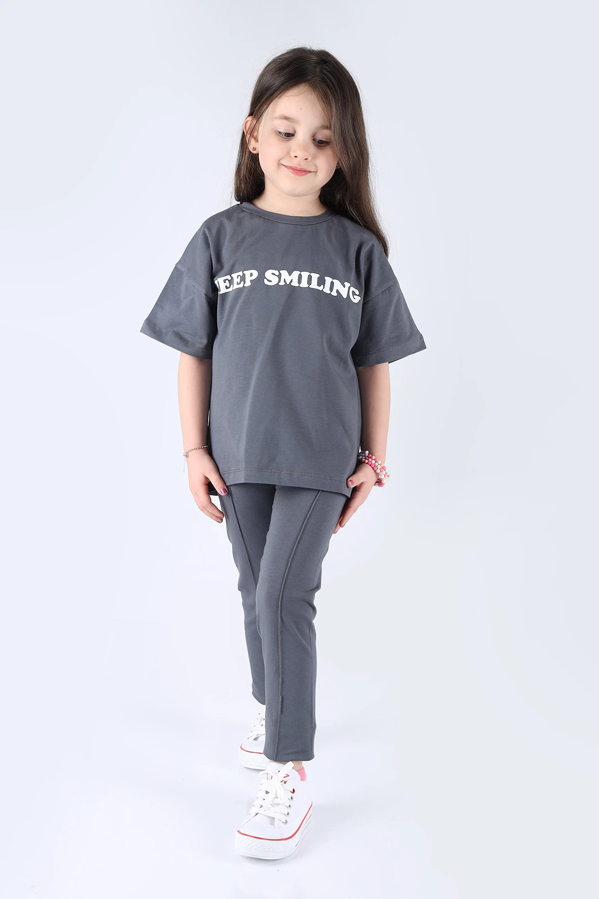 Antrasit (6-9 Yaş) Keep Smiling Baskılı Kız Çocuk Takım 264477