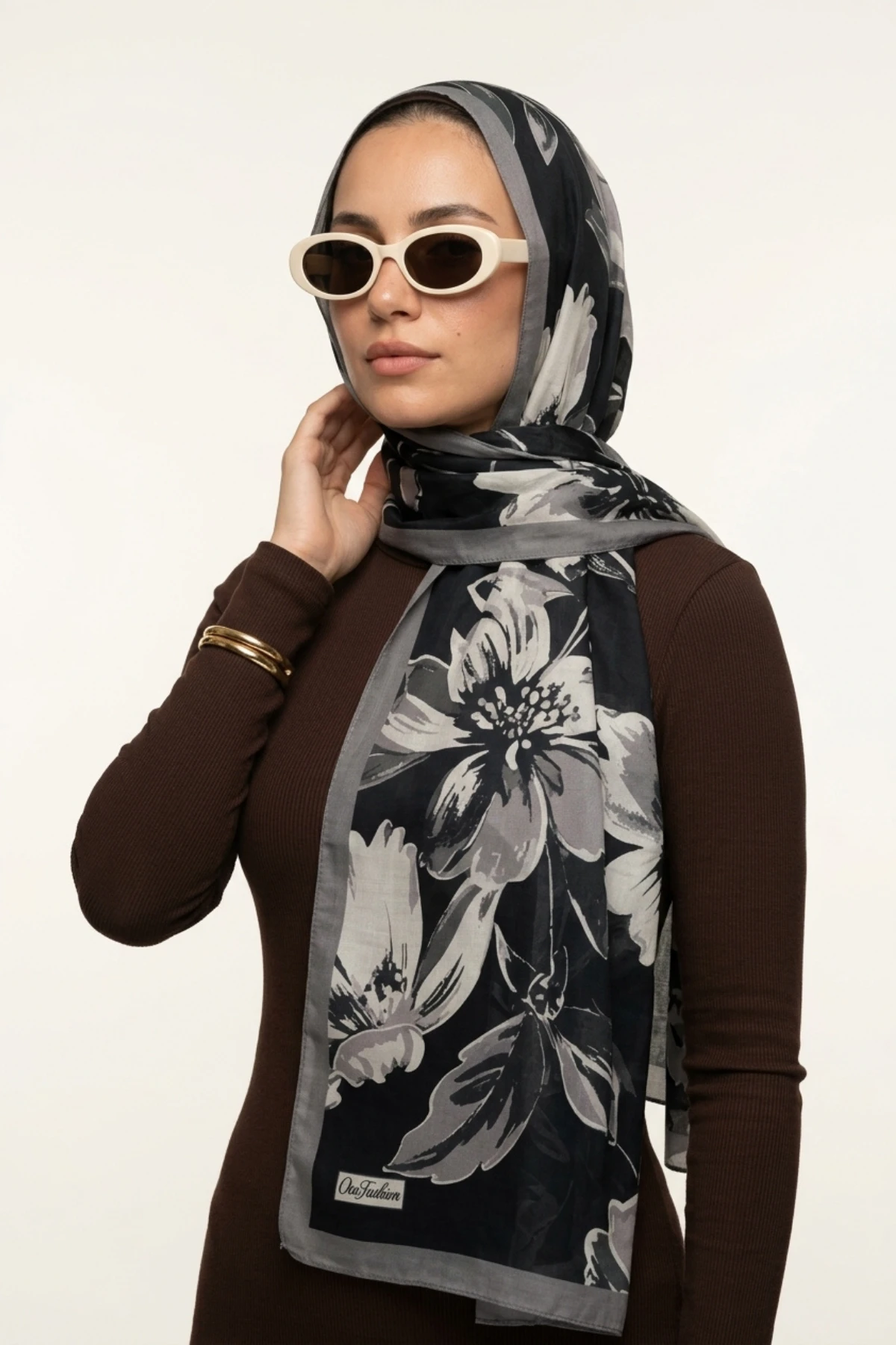 Antrasit 75*180 Cm Çok Çiçek Baskılı Dijital Soft Tülbent Şal 469402